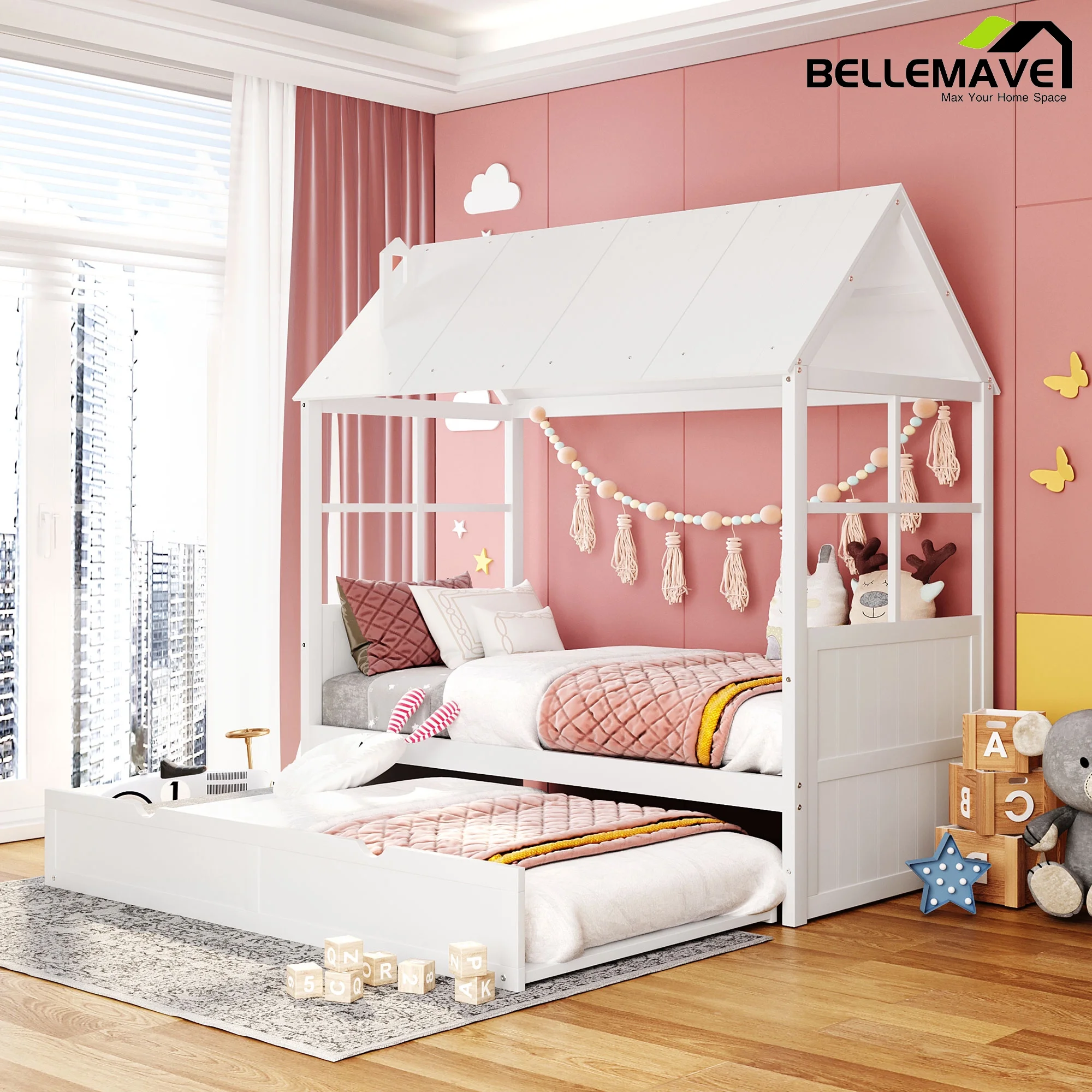 Bellemave White Twin Size Wood House Platform Bed With Twin Size Trundle for Kids Child Teen, Twin Size House-shaped Daybed Sofa Bed with Trundle for Bedroom Living Room