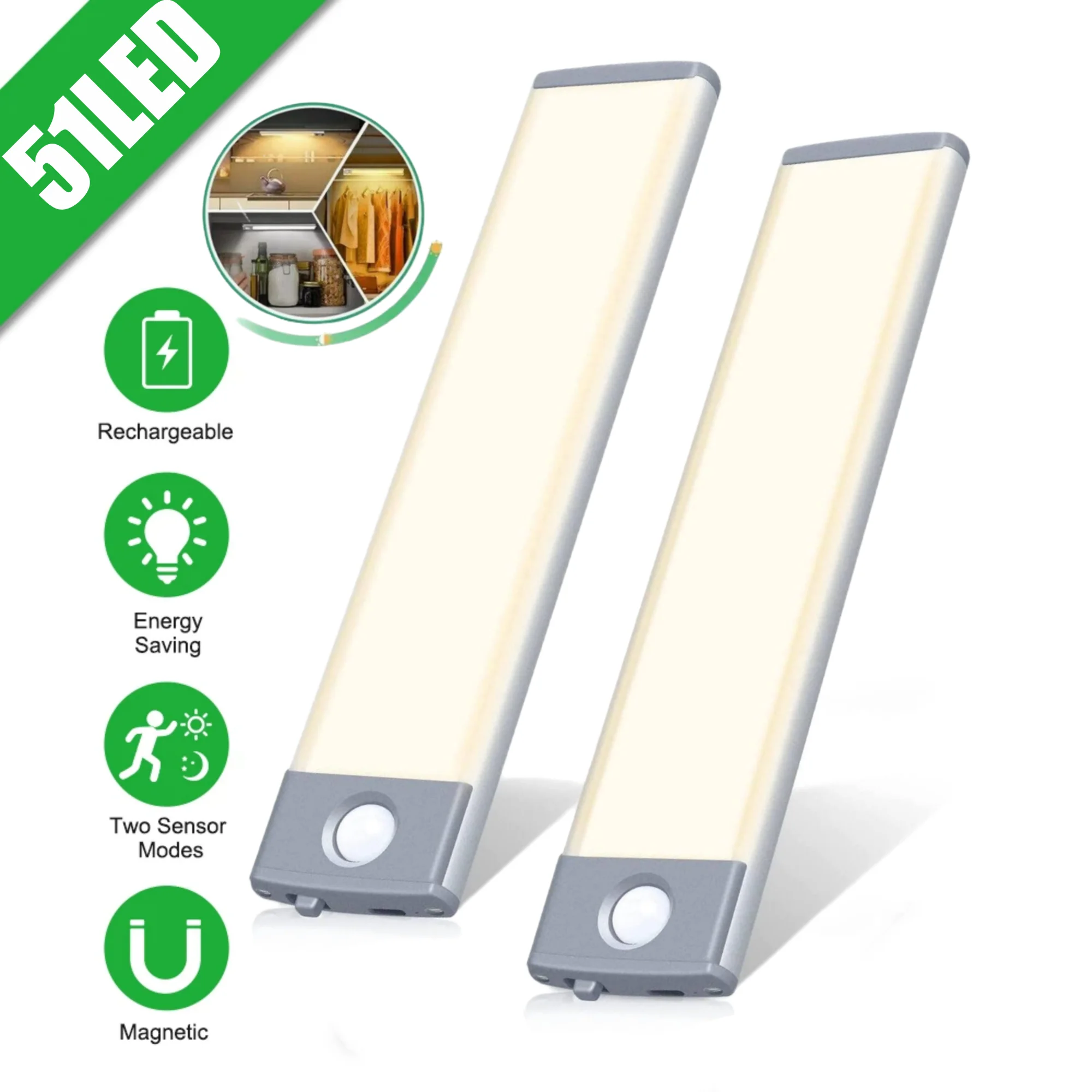 130 Lumens 51LED Under Cabinet Lights,USB Rechargeable Closet Lighting Kit with Motion Sensor and Magnetic Strip for Wardrobe,Kitchen Wireless Lighting,2Pack