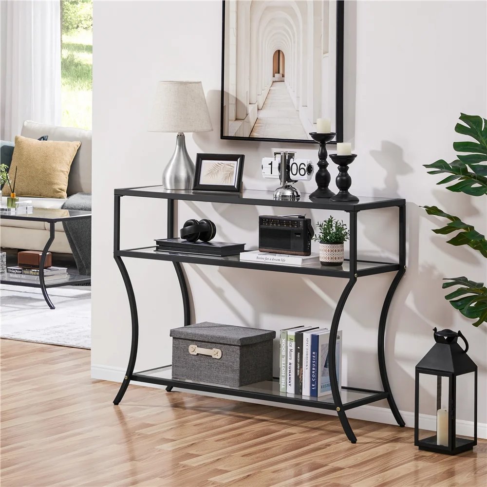 Alden Design 3-tier Modern Tempered Glass Console Table for Living Room, Black