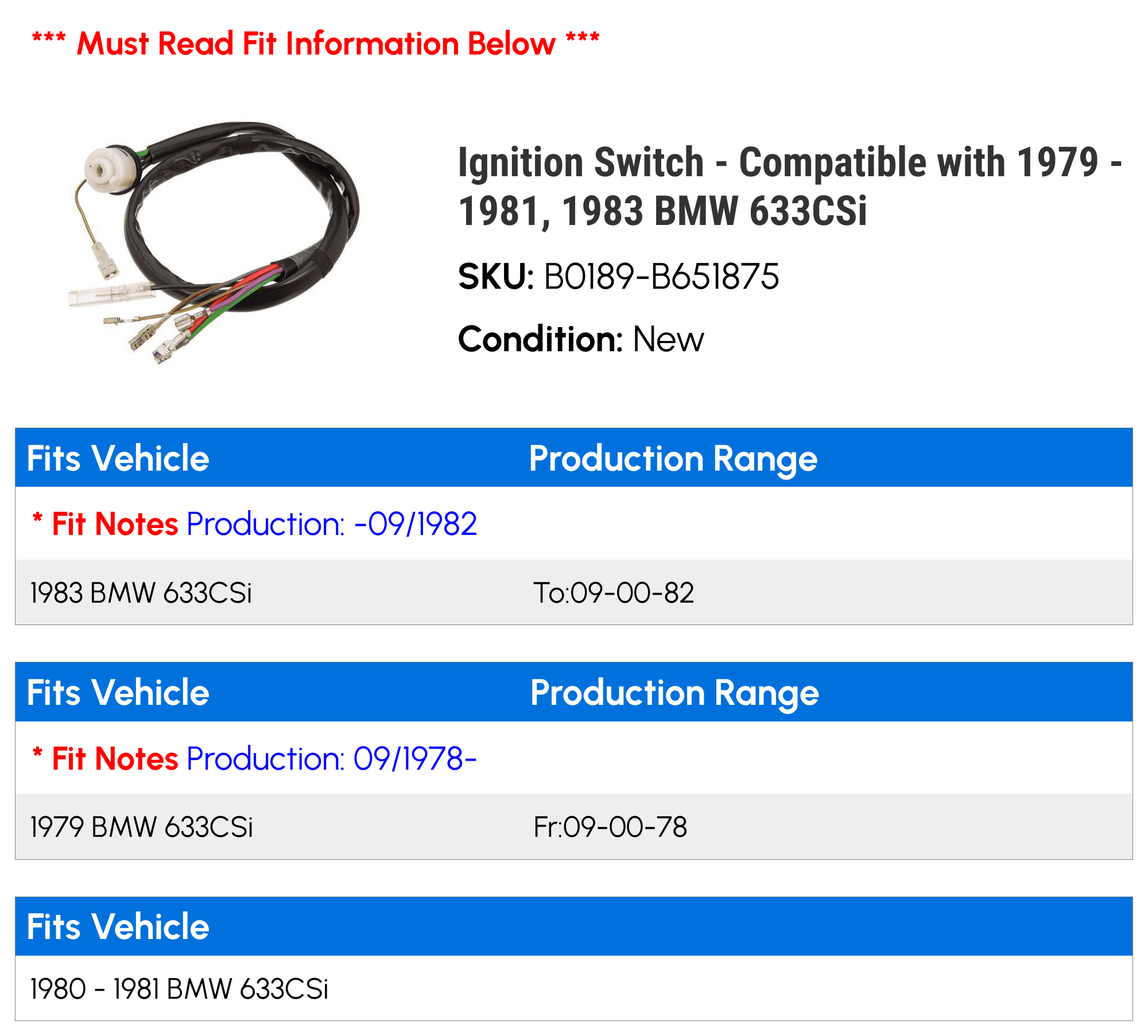 Ignition Switch - Compatible with 1979 - 1981, 1983 BMW 633CSi 1980