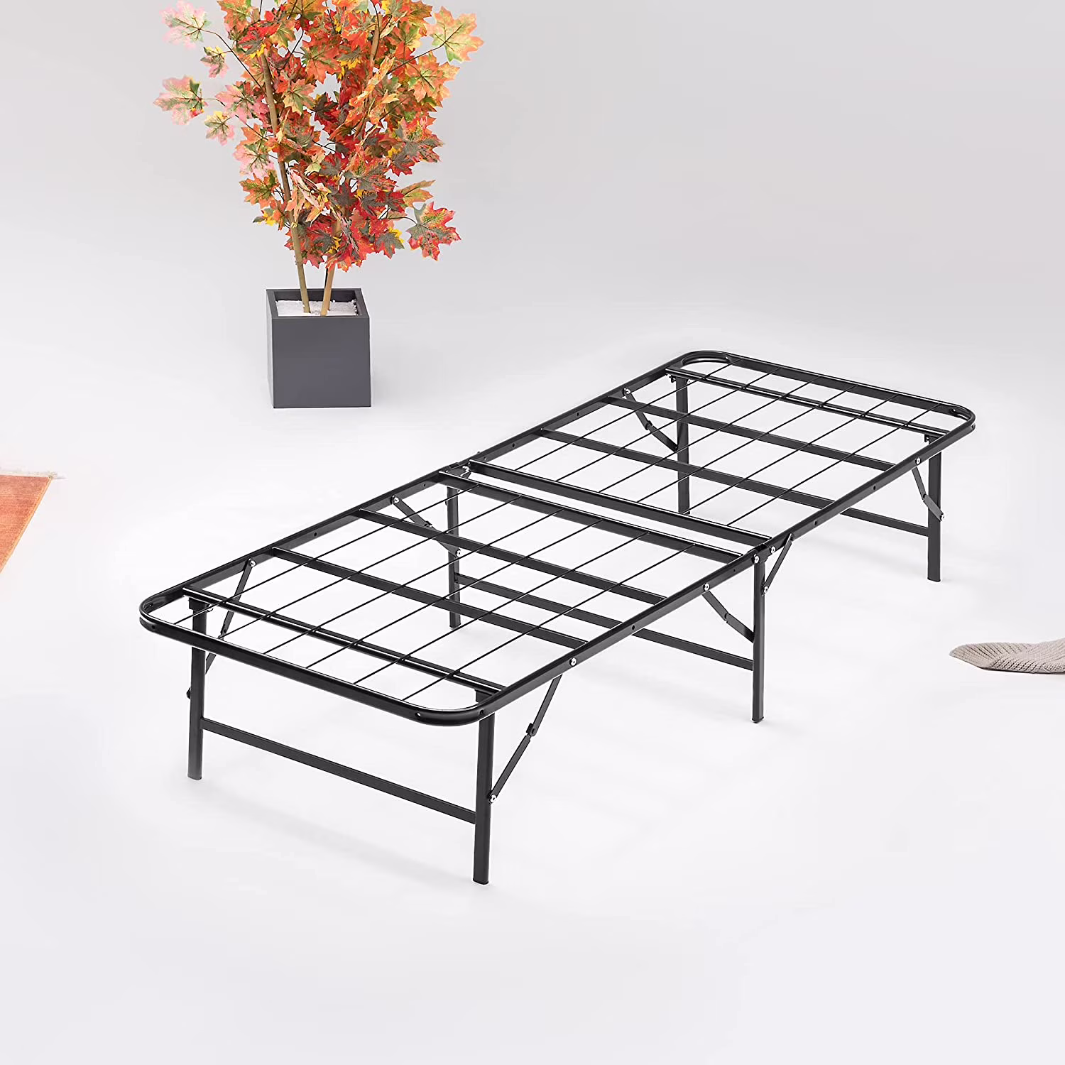 OUWI, 14-Inch Foldable Metal Platform Bed Frame with Tool Free Setup, Sturdy Steel, No Box Spring Needed, Twin, Black.