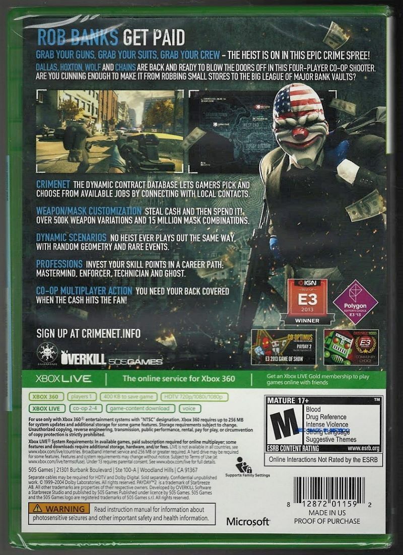Payday 2 Xbox 360 (Brand New Factory Sealed US Version) Xbox 360, Xbox 360