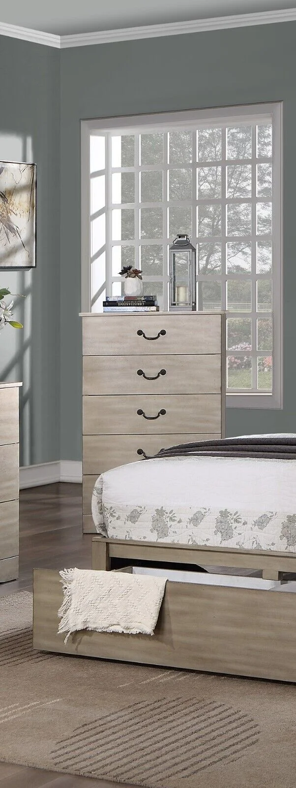 6pc Bedroom Set Classic Chic Queen Size Bed w underbed Drawer Dresser Mirror Nightstands Chest Light Tan Finish Hue Furniture