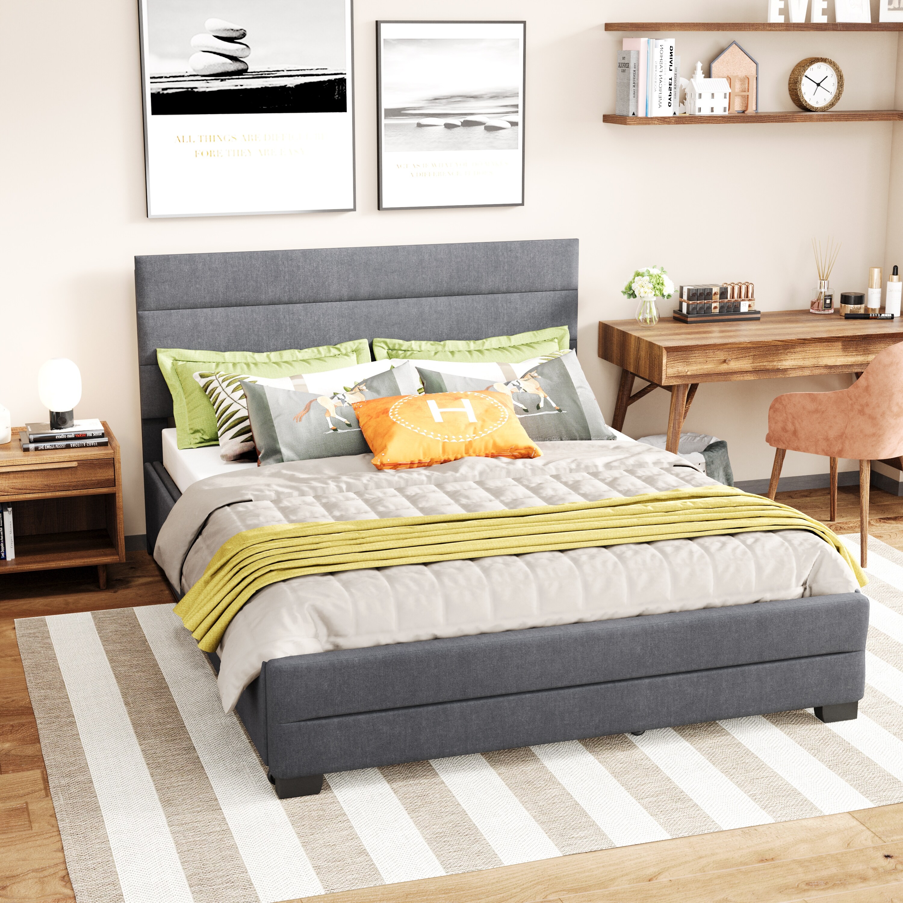 Queen Upholstered Platform Bed with Trundle and Two Drawers Grey