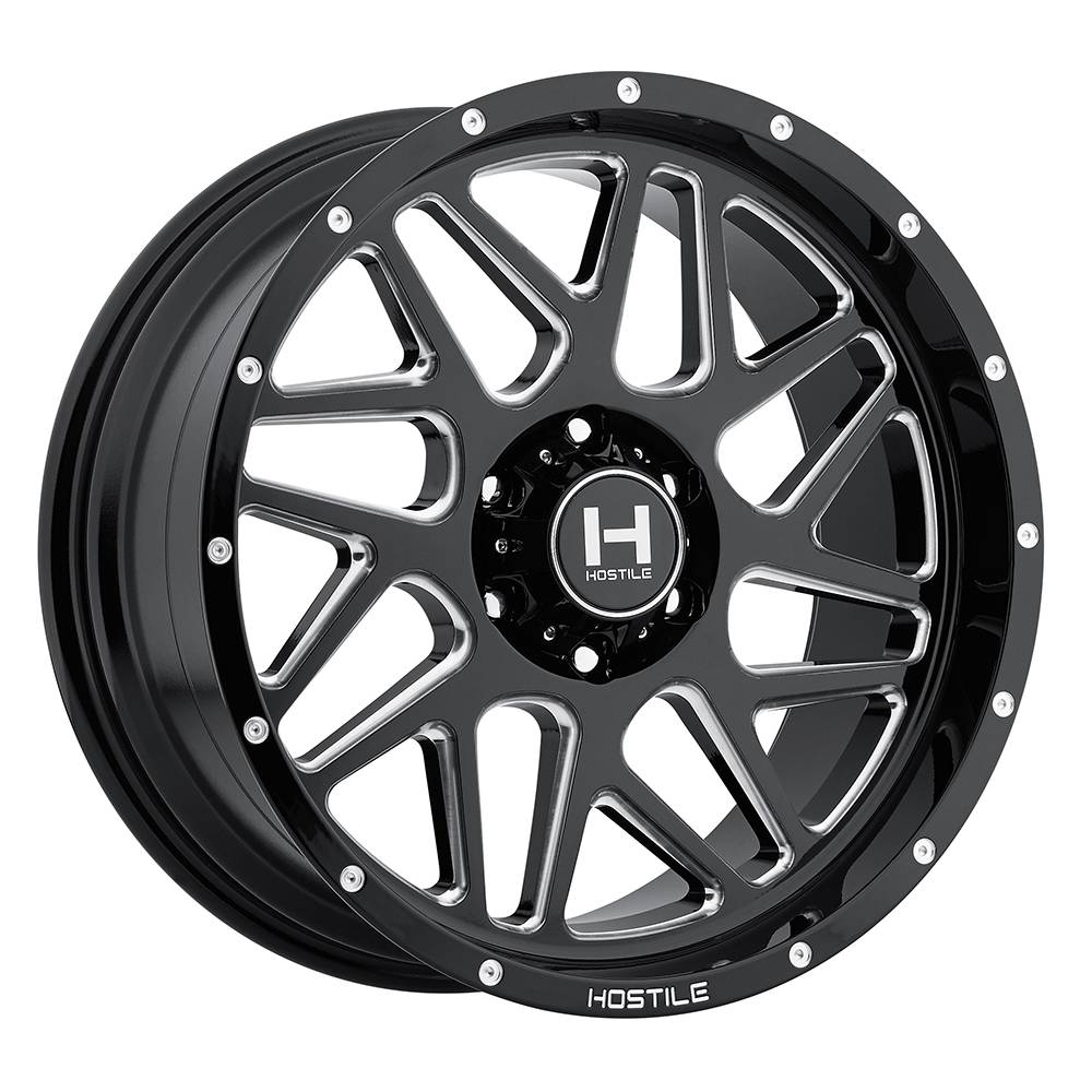 20x8.25 Hostile H401 Sprocket Dually Rear Gloss Blk Milled Wheel 8x6.5 (-221mm)