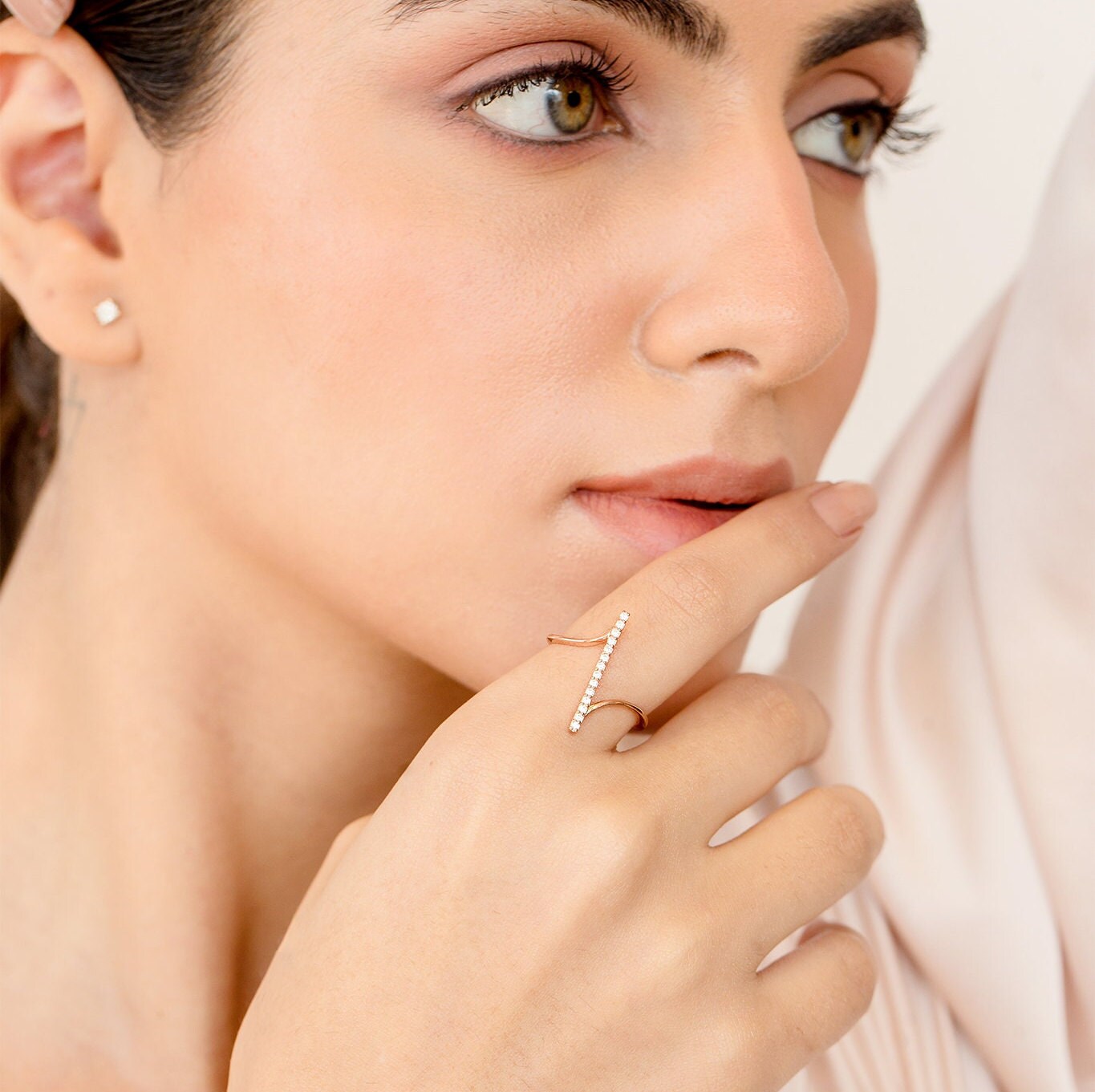 Diamond Sold Gold Bar Ring, Elegant Rose Gold Ring, Real Diamond Fashion Ring, Handmade Yellow Gold Ring