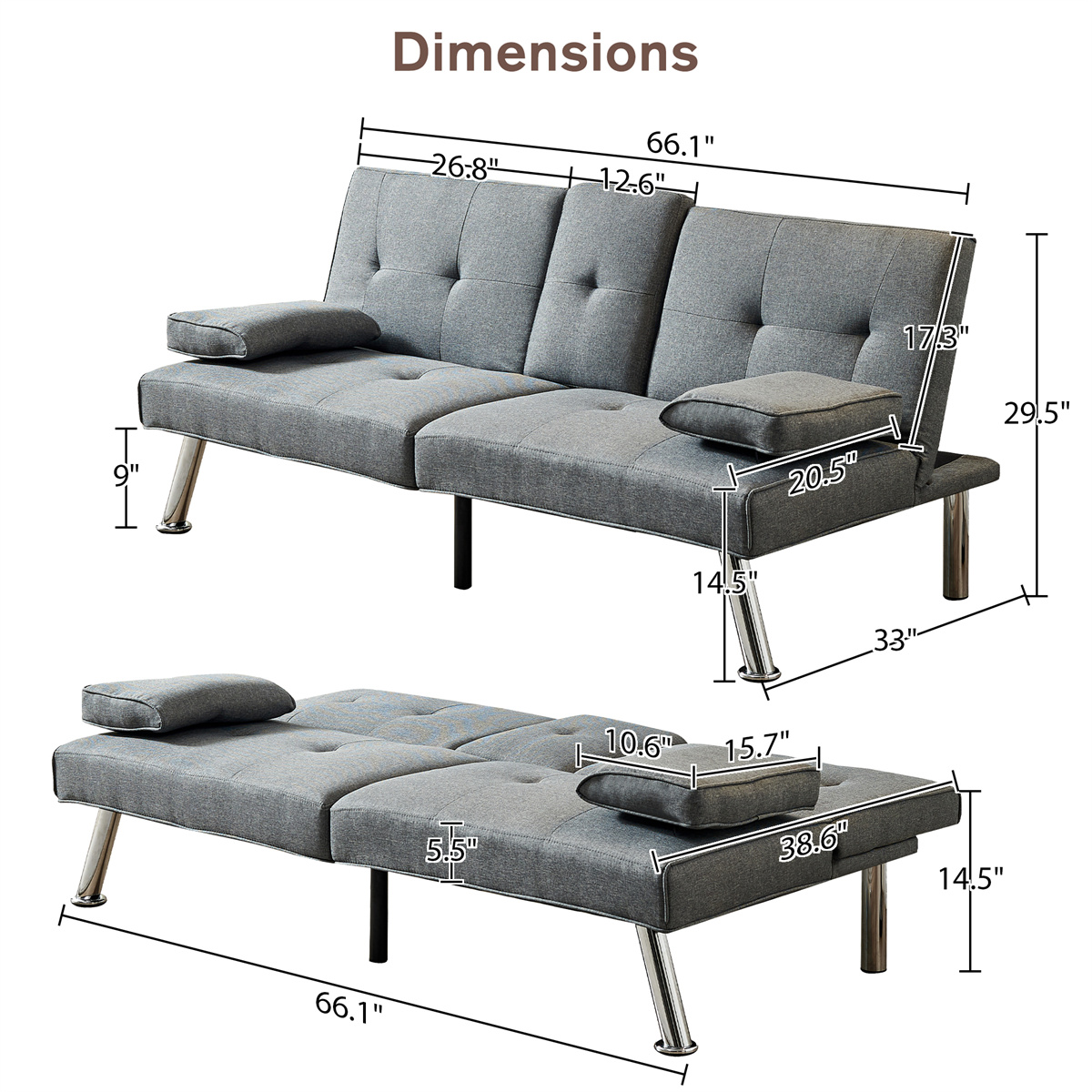 Linen Fabric Sofa Bed Futon Couch Bed Folding Recliner Sleeper Reversible Loveseat Convertible Daybed, 2 Cup Holders, 3 Angles, Removable Armrests, 500 lbs, Gray