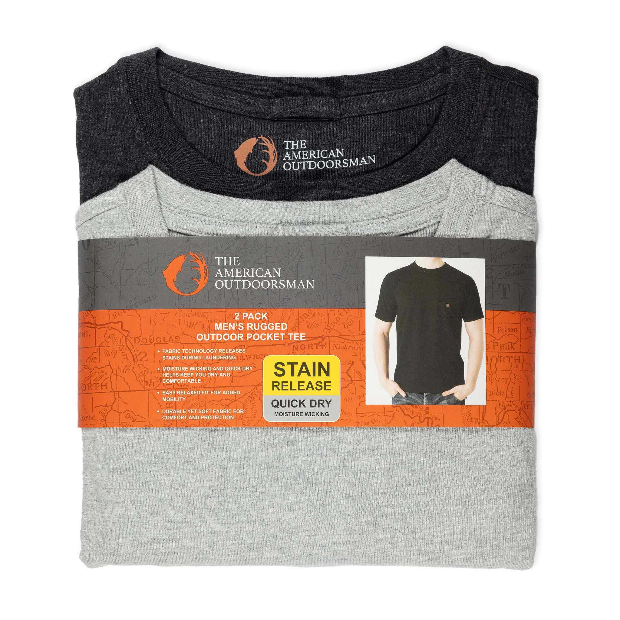 The American Outdoorsman Men's Short Sleeve Rugged Workwear T-Shirt 2-Pack, Perfect For Camping, Hiking, and Outdoors (Black/Light Grey Heather, Medium)