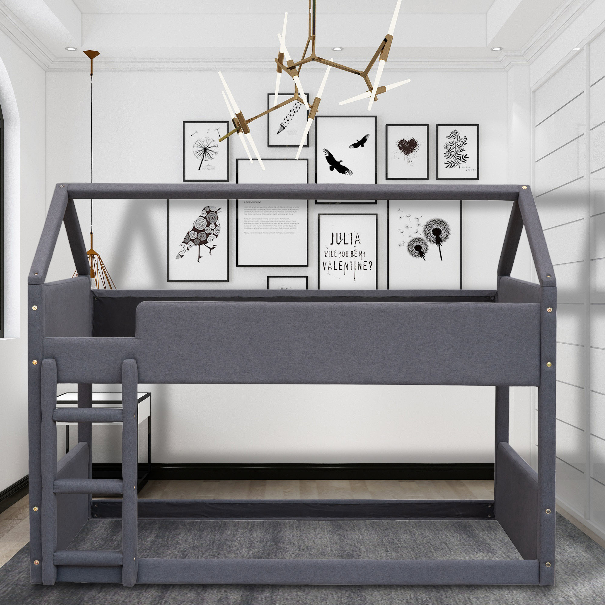 Twin Size Upholstery House Bunk Bed with Headboard and Footboard,Grey