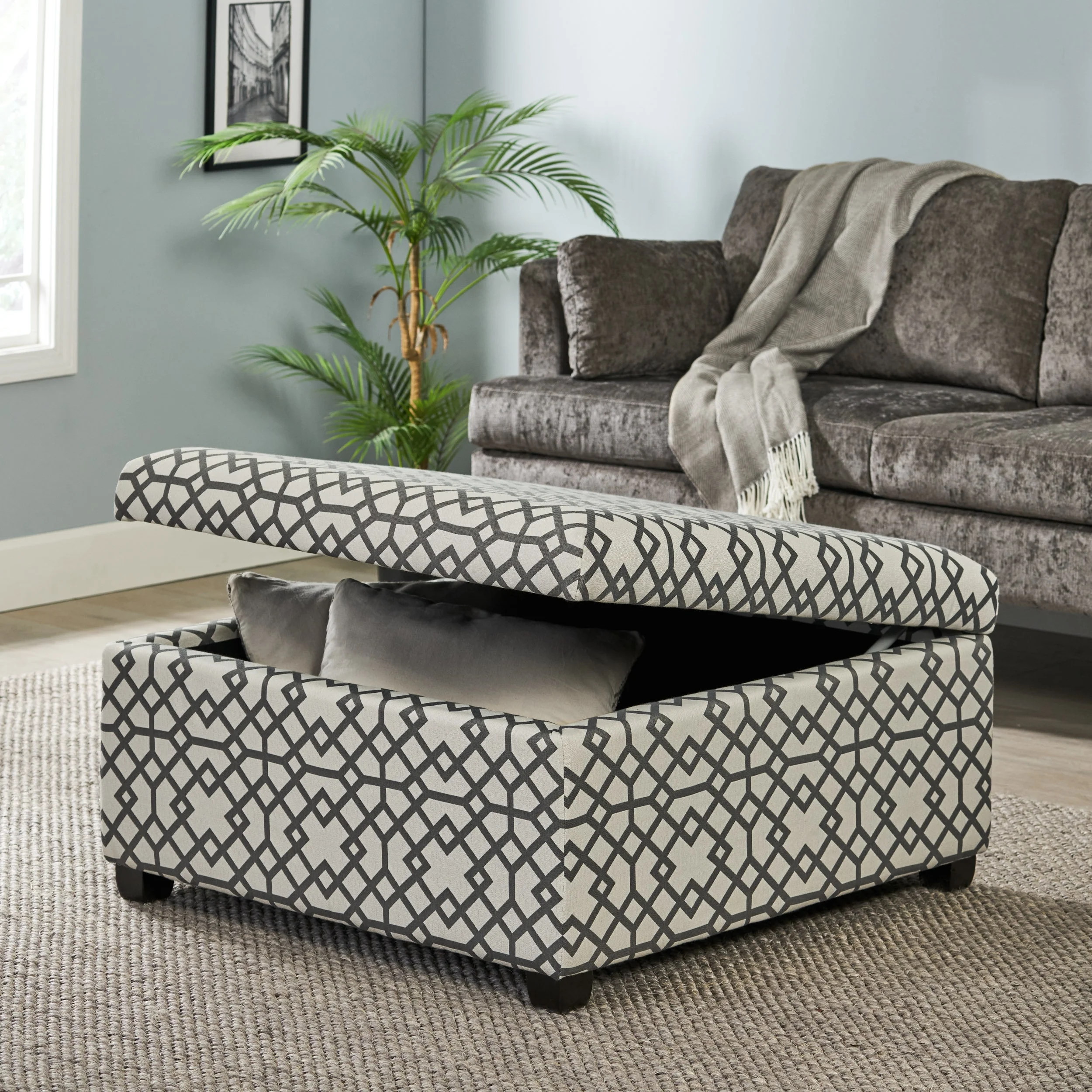 Noble House Bessley Square Lift Top Ottoman, Grey Geometric