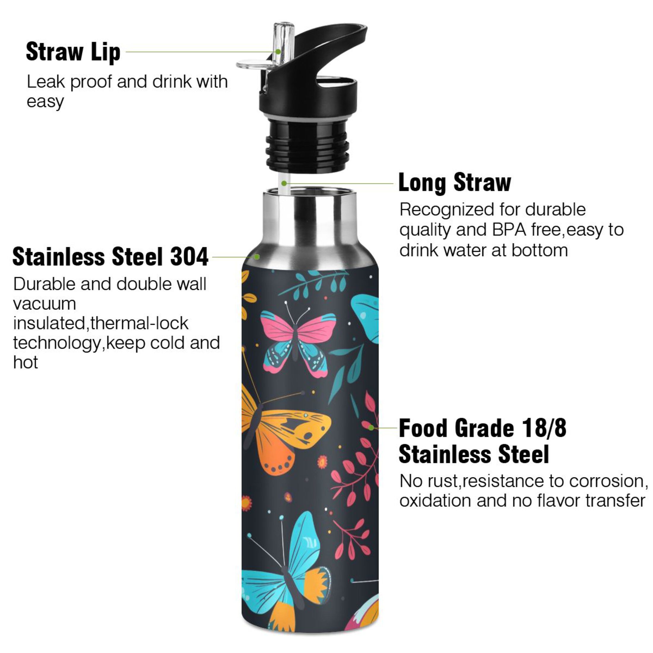 Butterfly and Leaf Water Bottles Insulated Thermos Kids Stainless Steel Bottle with Straw Lid Flask Leakproof for Sports Gym 20 oz