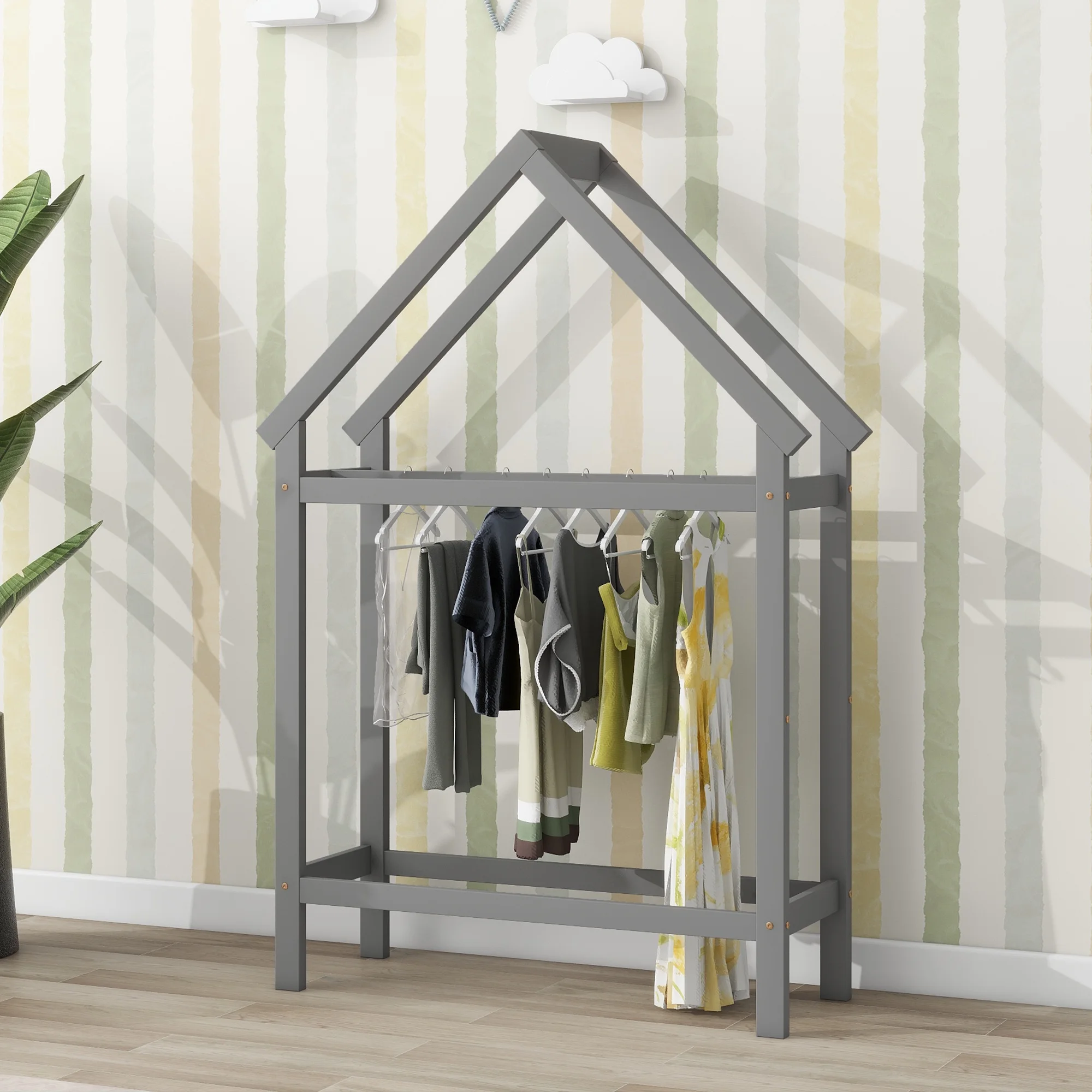 Euroco Wood Twin House-Shaped Floor Bed with Moveable Shelf and Wardrobe for Kids, Gray