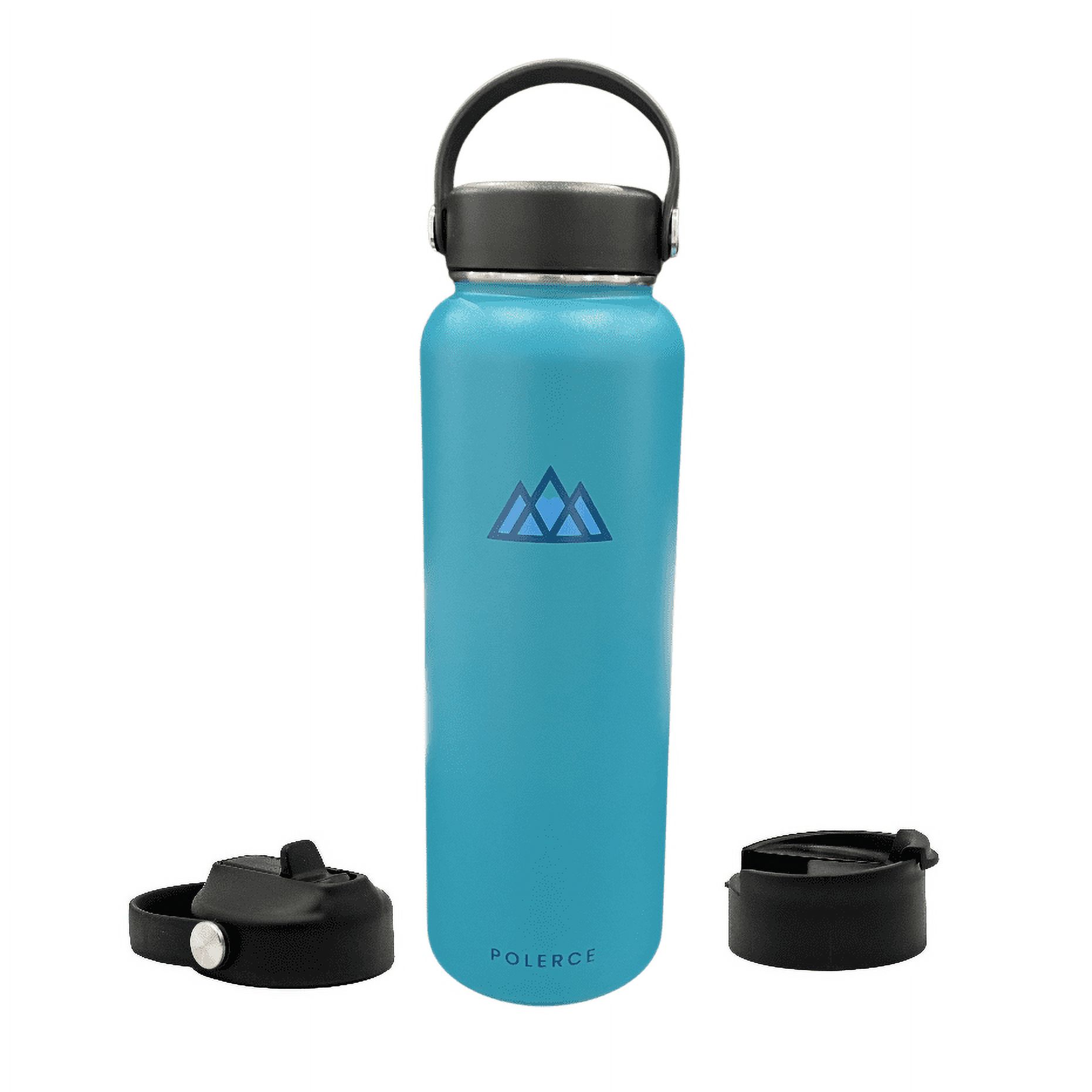 40 oz Blue Polerce Vacuum Insulated Bottle with 3 Lids - Stainless Steel Double Wall Thermally Insulated Flask
