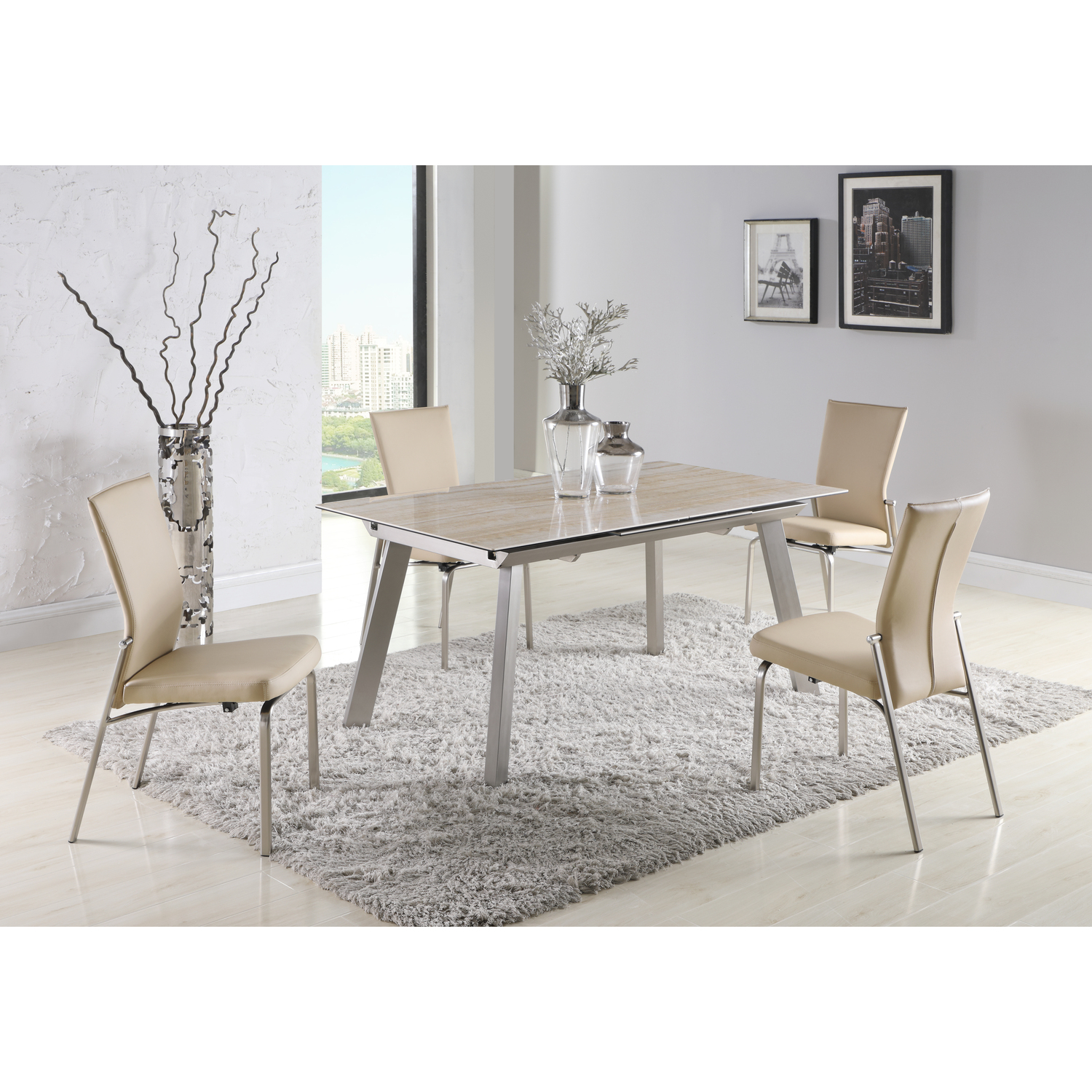 Chintaly Contemporary Dining Set w/ Extendable Ceramic Top Table & Motion-Back Chairs