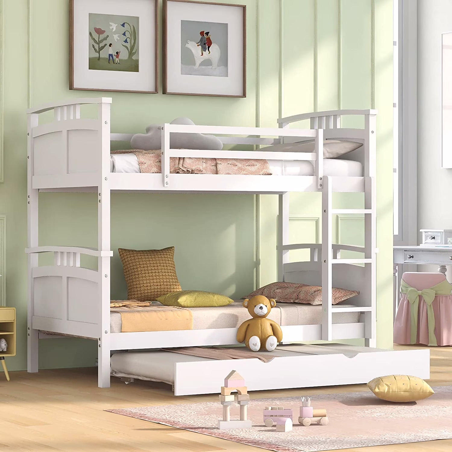 Wooden Bunk Bed With Trundle, Separable Full Bunk Bed Can Be Separated Into 2 Beds, White