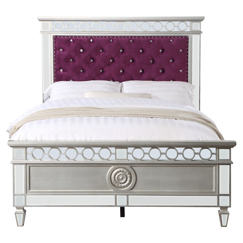 ACME Varian Tufted Velvet Upholstery Twin Bed in Burgundy and Silver