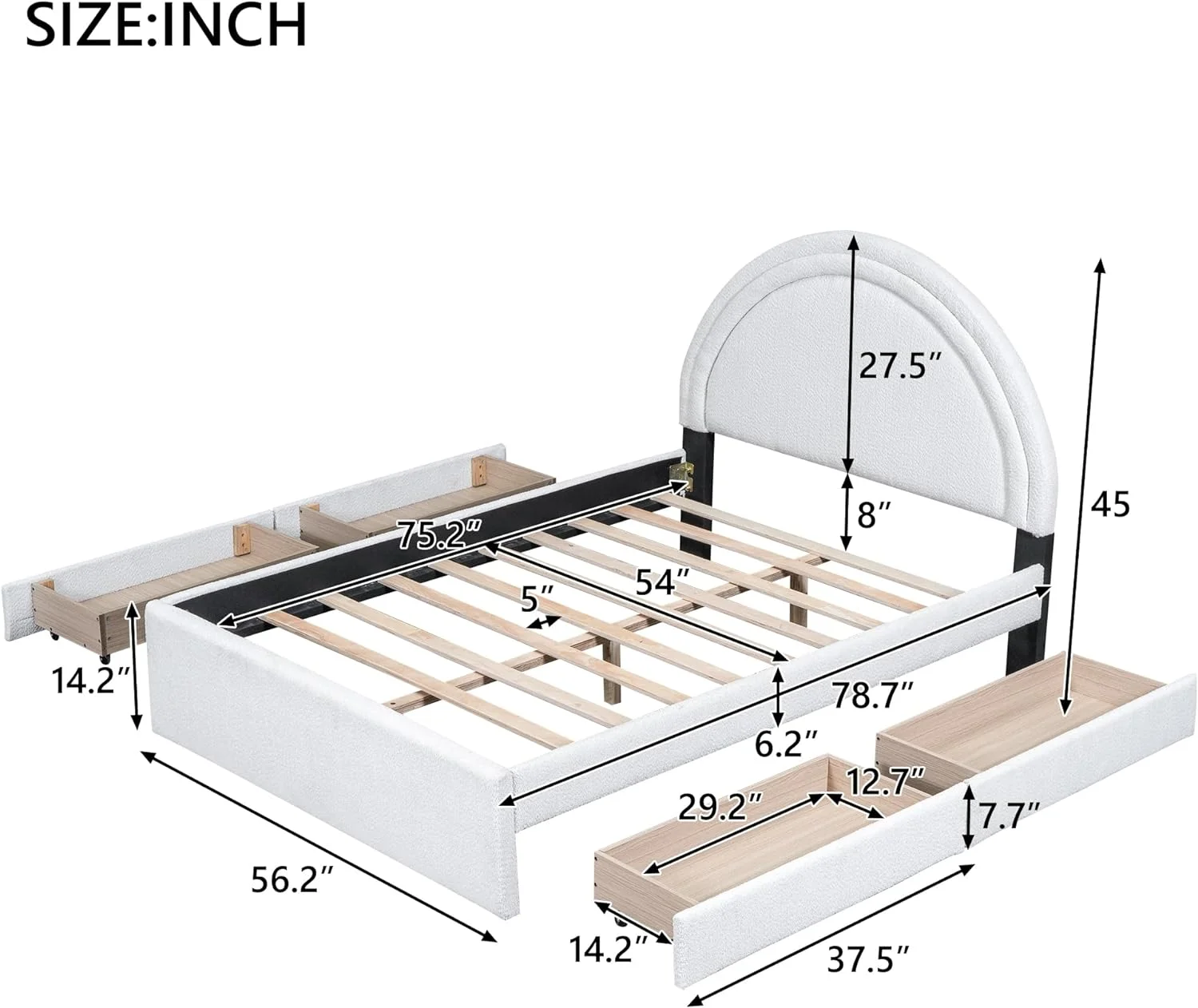 Full Size Teddy Upholstered Platform Bed With Four Drawers Udereath,Full Bed Frame With Curve-Shaped Headboard,White