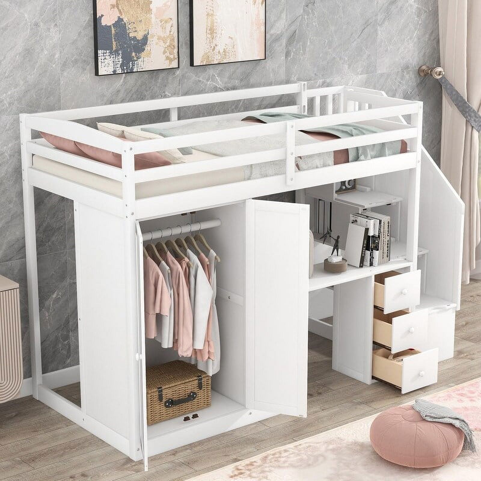 Loft Bed with Wardrobe and Staircase, Desk and Storage Drawers and Cabinet White