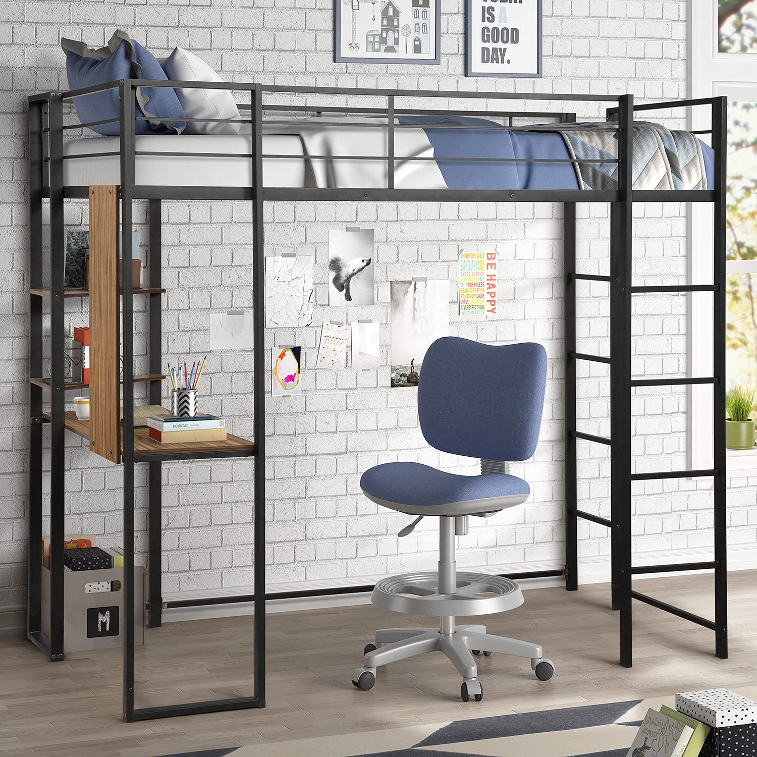 Twin Size Metal Loft Bed with 2 Shelves and One Desk, Build-in Ladders and Length Guardrails, Space-Saving Design, Twin Bed Frame for Kids/Teens (Black)