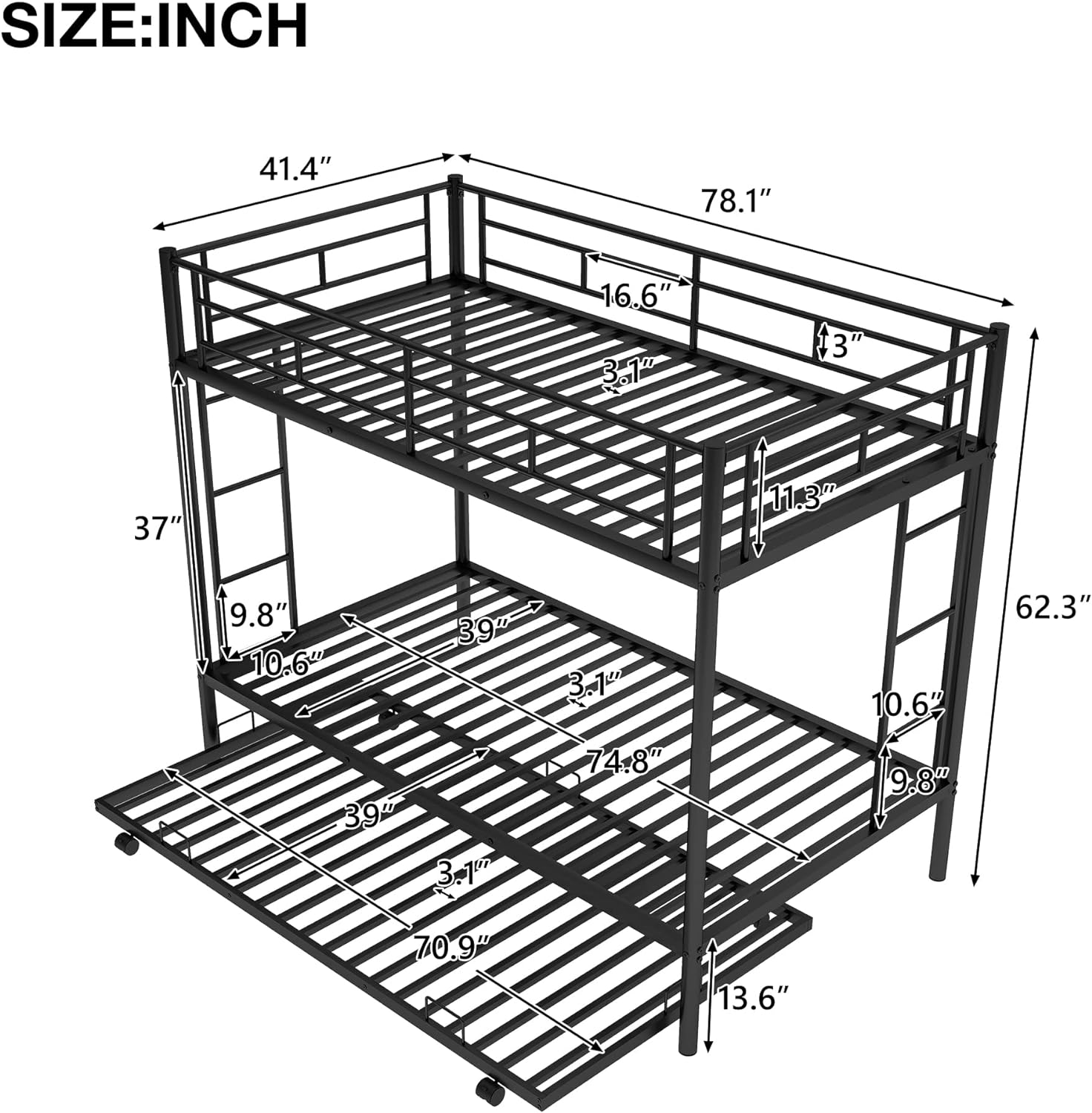 Trundle Bunk Beds , Metal Bunk Bed Over With Trundle, Pull-Out Trundle Bunk Beds For Teens, Dormitory, Black
