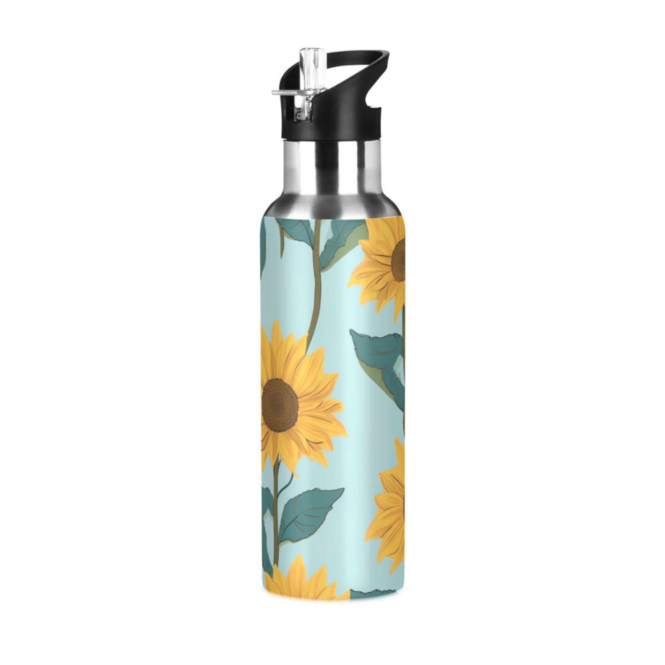 Sunflowers on Blue Water Bottles Insulated Thermos Kids Stainless Steel Bottle with Straw Lid Flask Leakproof for Sports Gym 20 oz