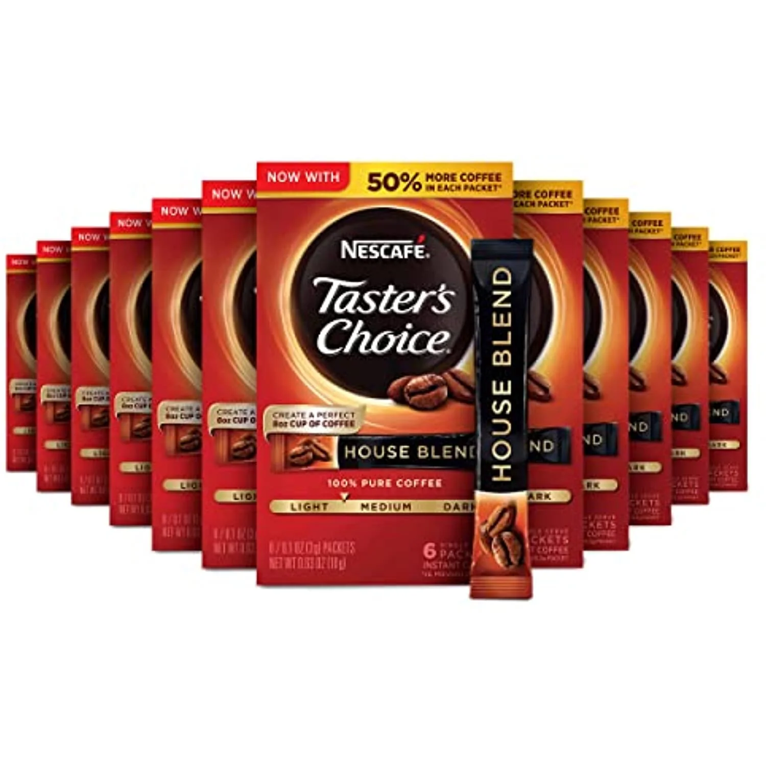 Nescafe Tasters Choice, House Blend Light Medium Roast Instant Coffee, 12 Boxes (72 Packets)