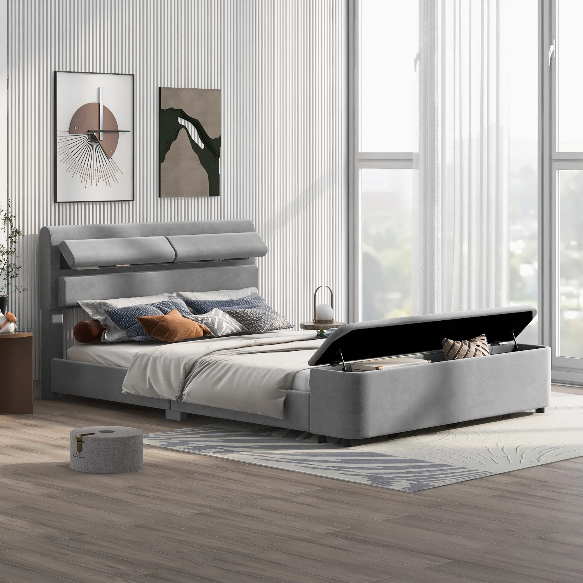 EUROCO Queen Size Upholstery Platform Bed with Storage Headboard and Footboard for Bedroom, Gray