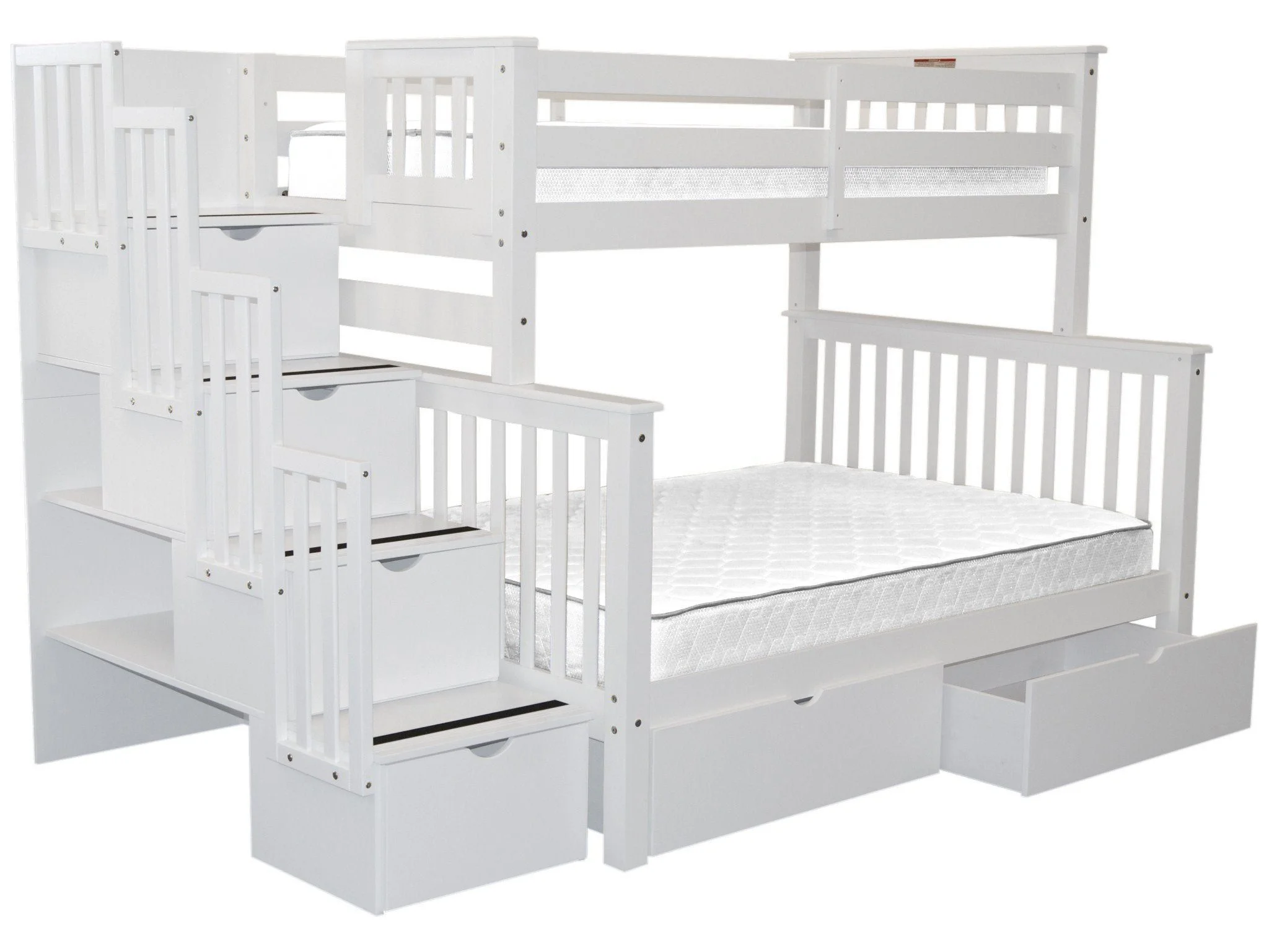 Bedz King Stairway Bunk Beds Twin over Full with 4 Drawers in the Steps and 2 Under Bed Drawers, White