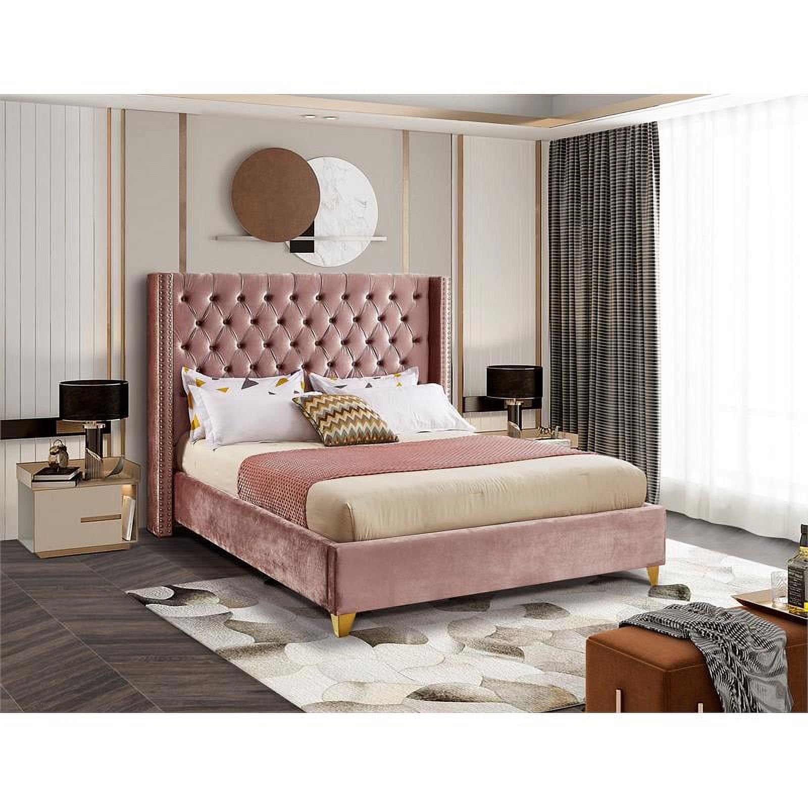 Maklaine Modern Velvet Fabric Upholstered Deep Tufted Queen Bed in Pink