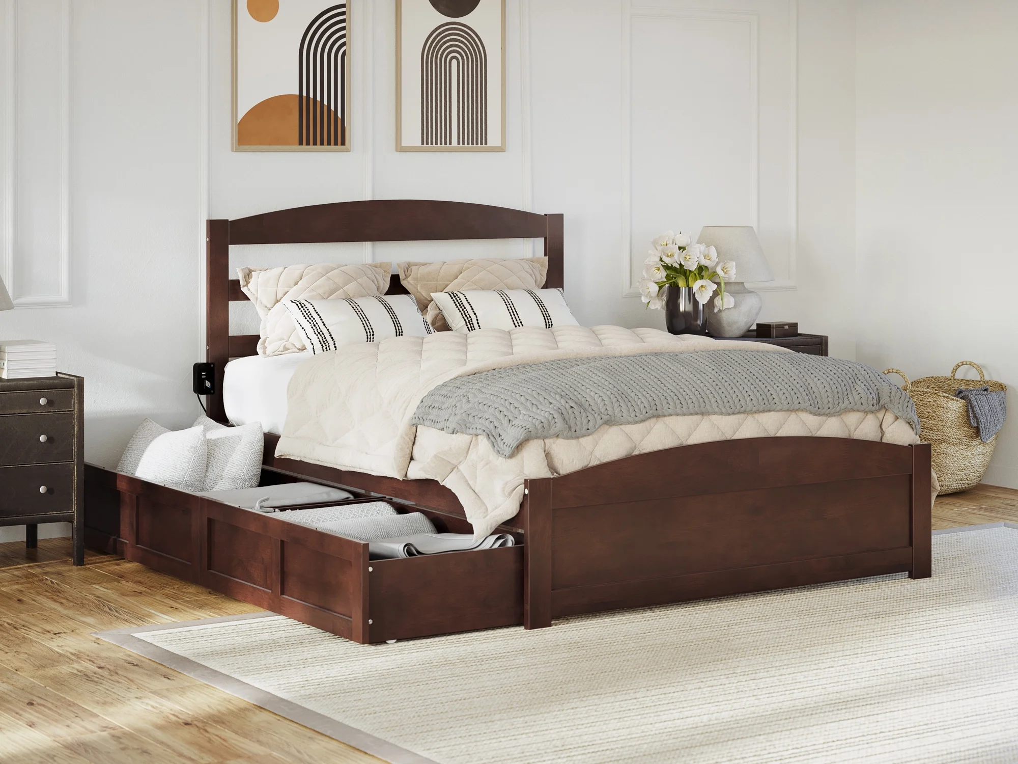 AFI Warren Queen Wood Platform Bed with Headboard Footboard & 2 Storage Drawers, Walnut