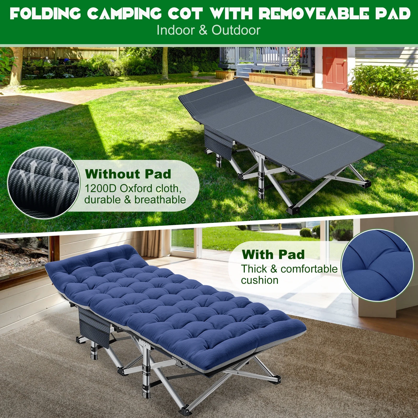 MOPHOTO 2 Pack Outdoor Portable Camping Cots for Adults 880lbs, Sleeping Cot with Mattress, 75