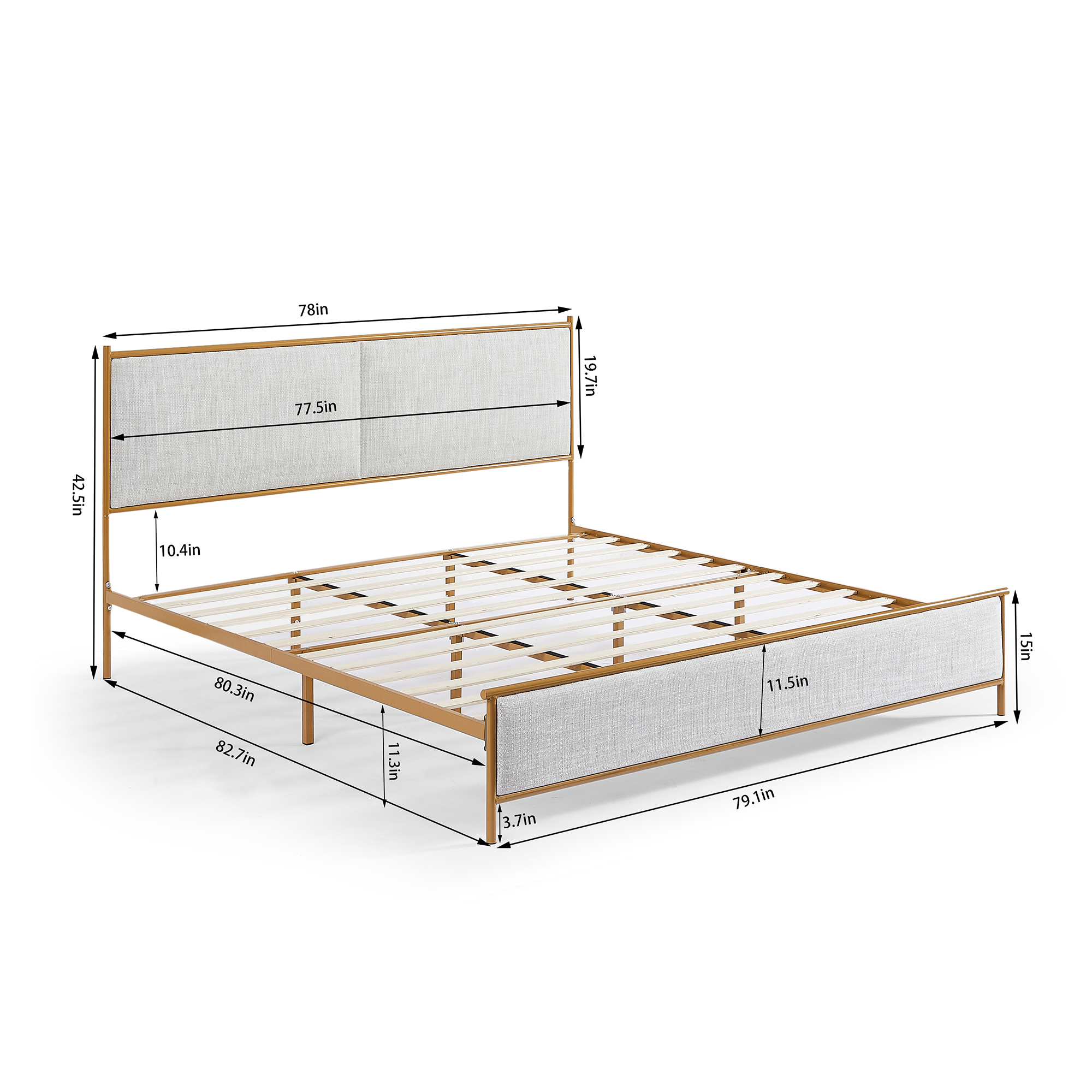 Royard Oaktree Metal King-size Bed Frame with Classic Square Upholstered Headboard and Footboard Modern Platform Beds with Gold Frame and Wood Slats, No Box Spring Needed, Light Gray