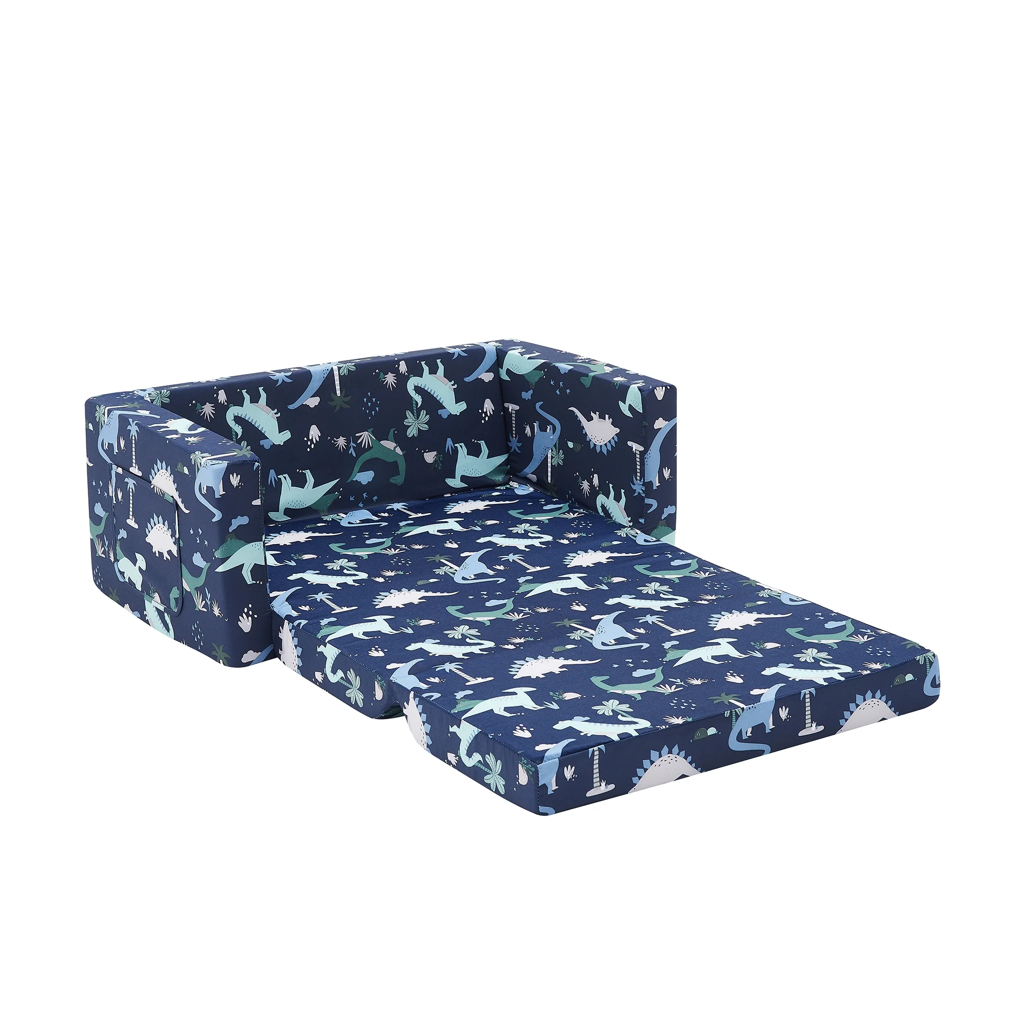 Ulax Furniture Convertible 2-in-1 Flip Open Kids Loveseat/ Couch/ Sleeper Sofa (Navy Dinosaur)