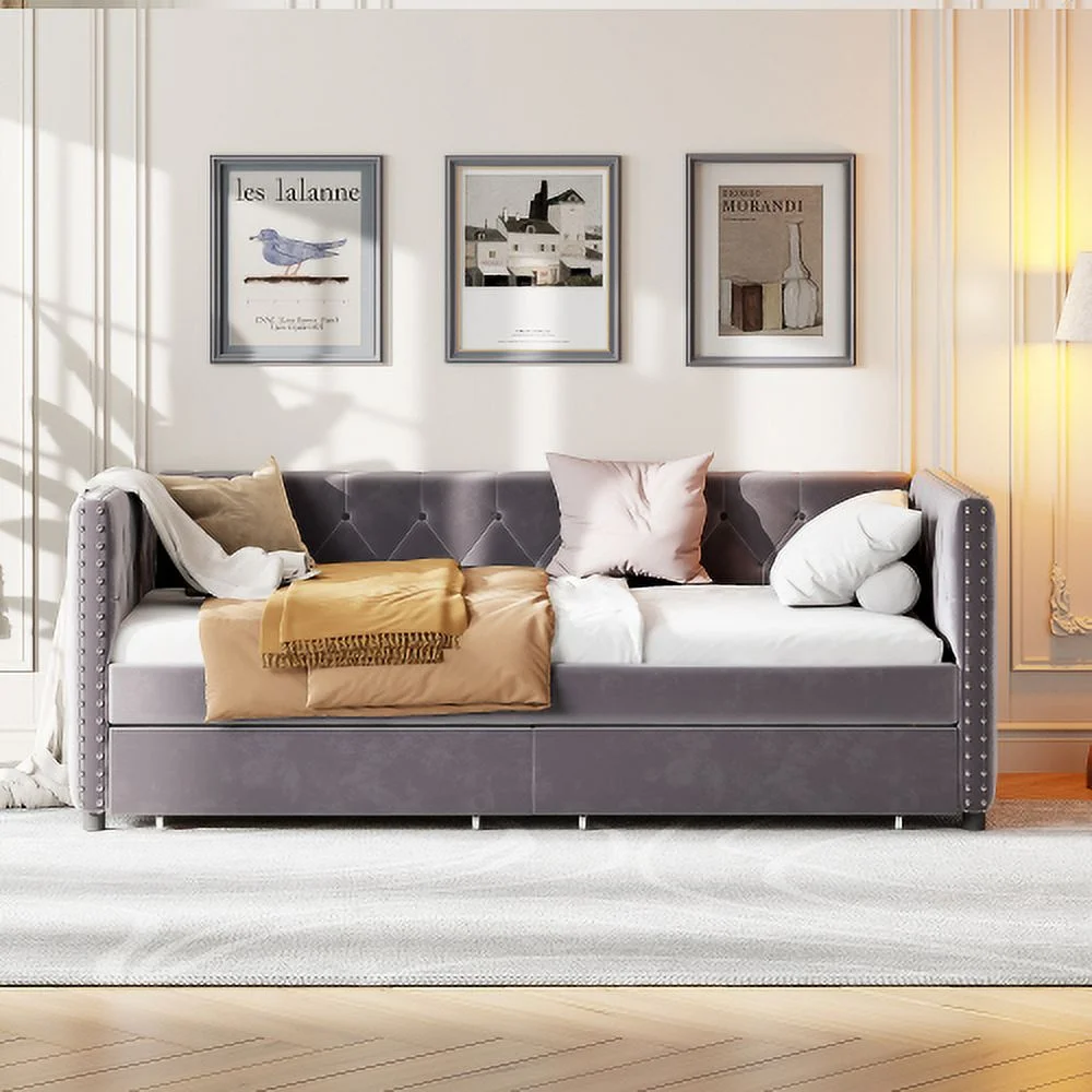 Sofa Bed With Drawers, Modern Velvet Upholstered Sofa Bed With Button Tufted Sofa Bed Frame With Double Drawers, Bedroom Living Room Furniture, Grey(83.47''X42.91''X30.71''')