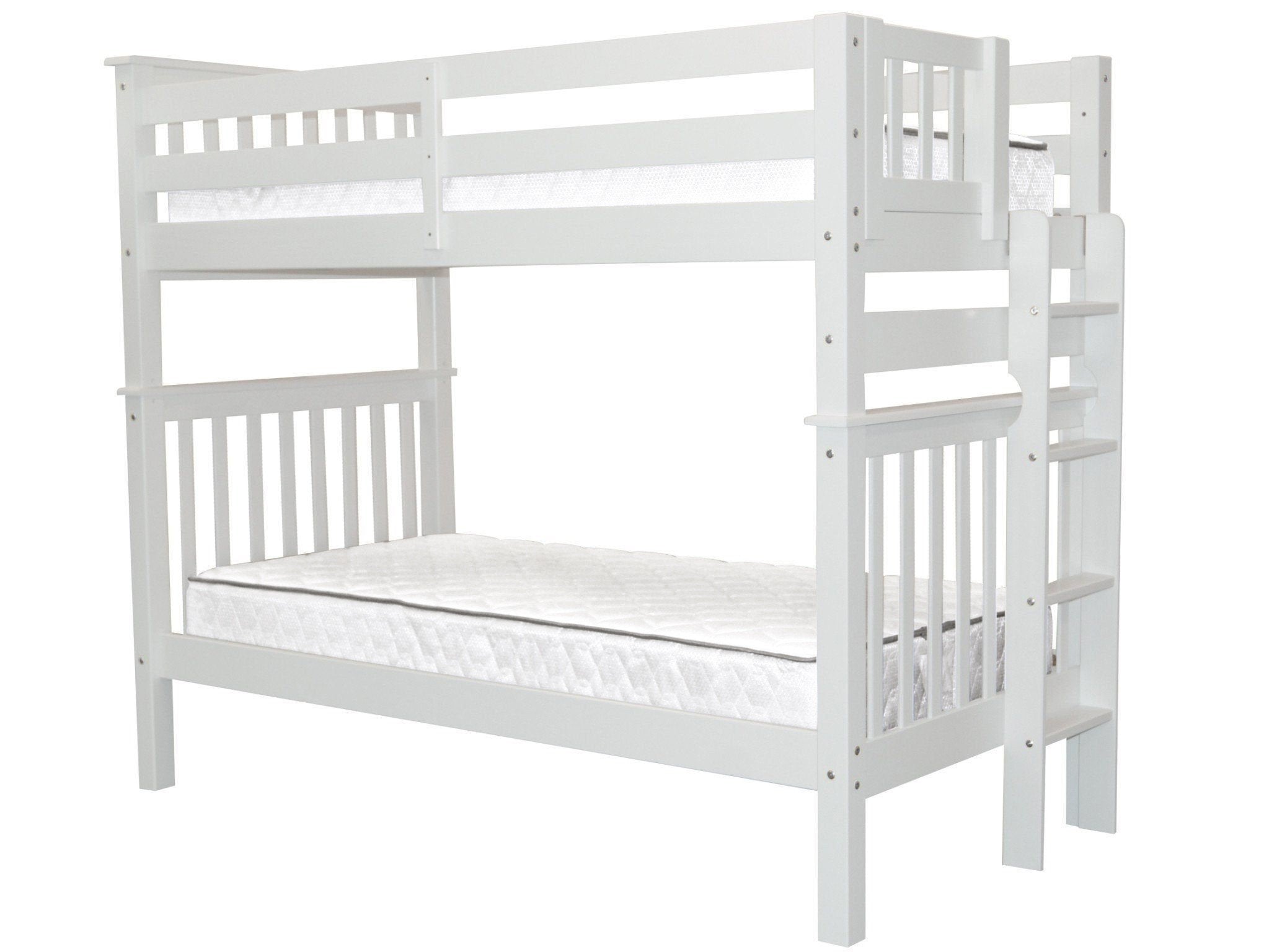 Bedz King Tall Bunk Beds Twin over Twin Mission Style with End Ladder, White
