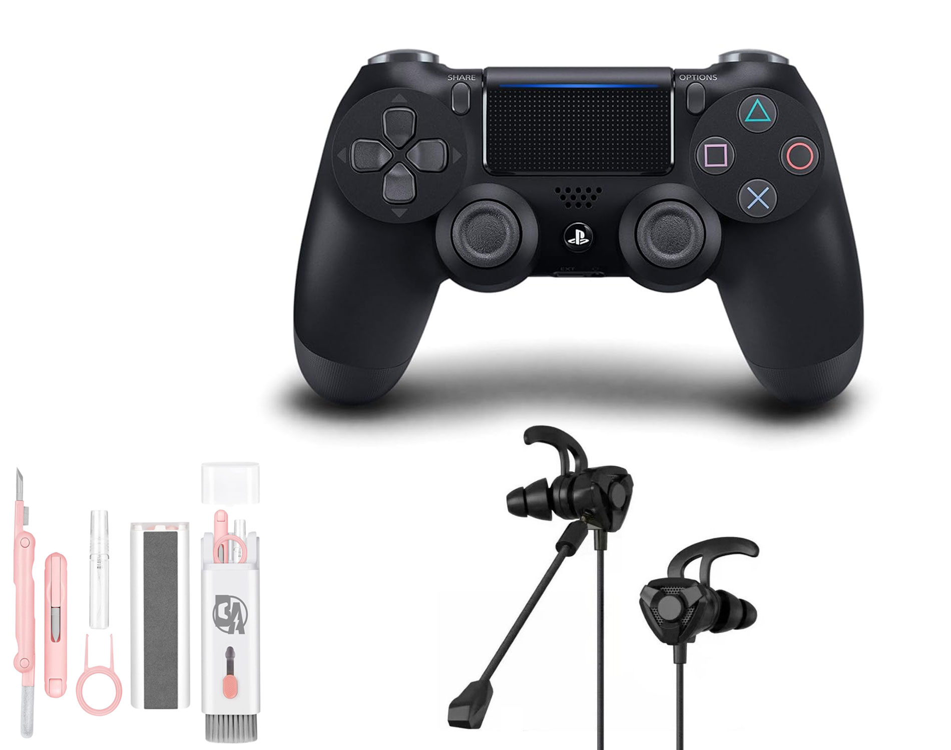 Sony Dual Shock Black Gaming Controller PS4 Console With Black Gaming Buds + Cleaning Kit BOLT AXTION Bundle Like New