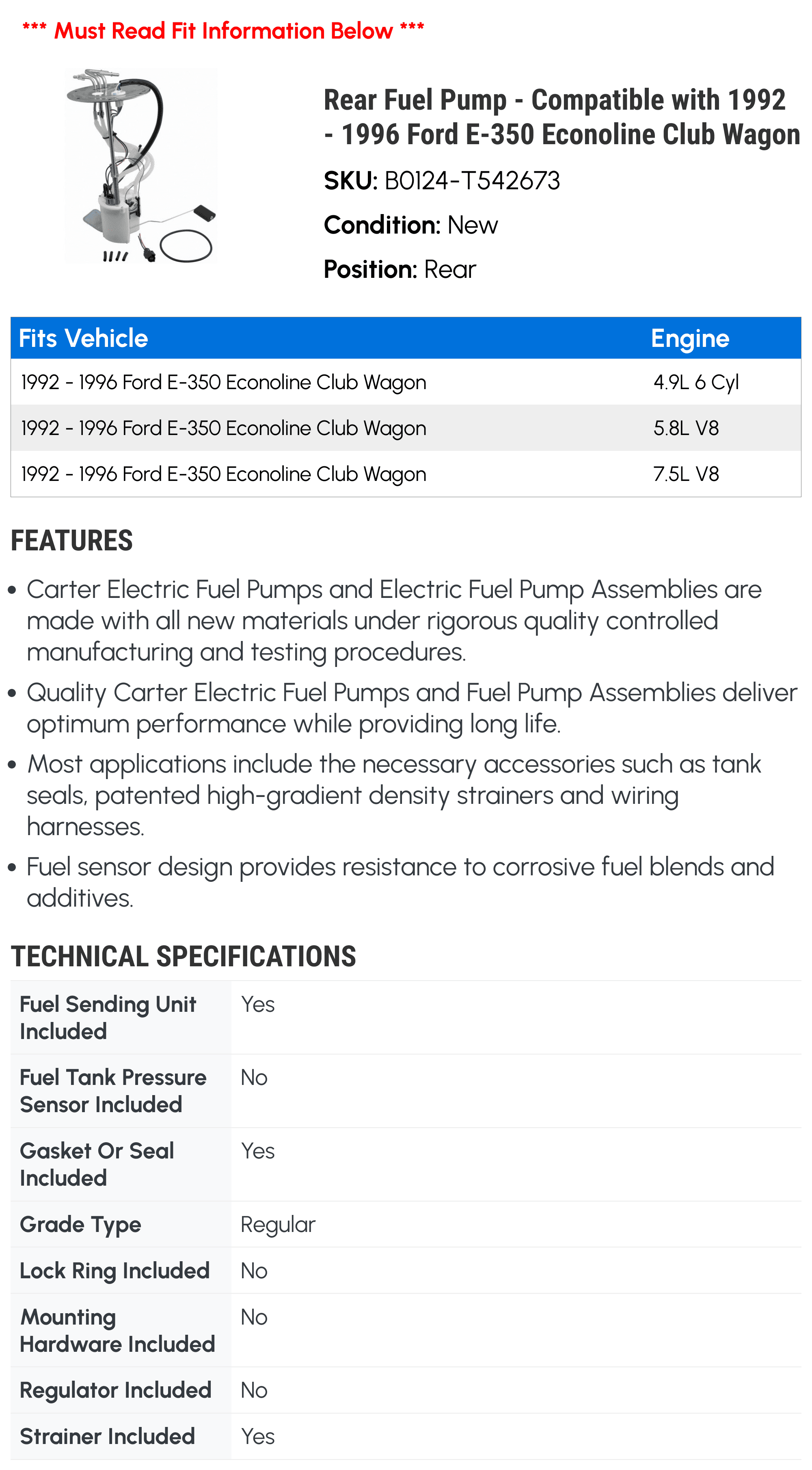 Rear Fuel Pump - Compatible with 1992 - 1996 Ford E-350 Econoline Club Wagon 1993 1994 1995