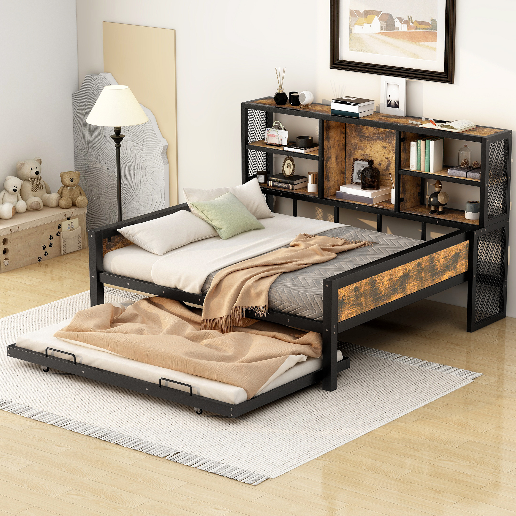 Stylish Full-Size Metal Cabin Daybed with Built-In Storage Shelves and Pull-Out Trundle
