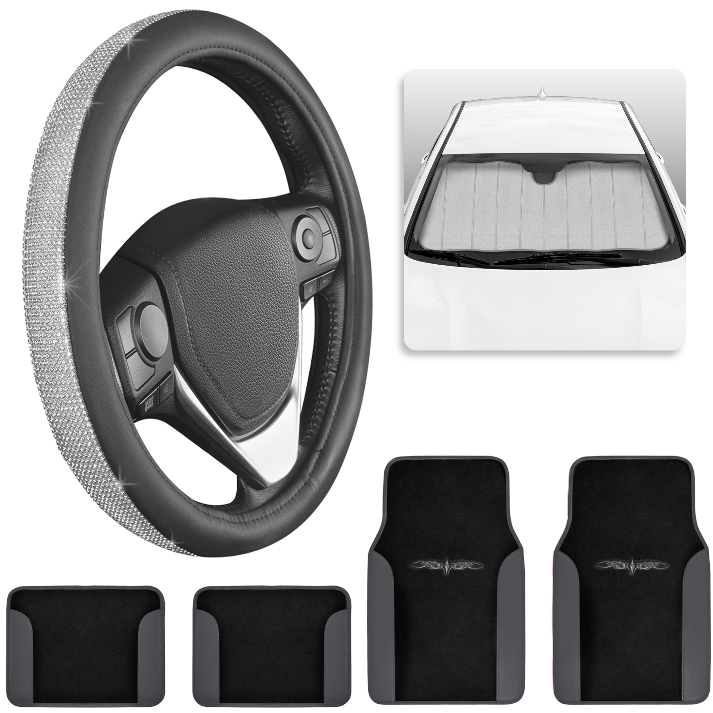 Pretty Car Accessory Gift Set, Includes Glitter Auto Sunshade, Carpet Floor Mats & Steering Wheel Cover, Holiday Combo Pack for Autos Truck Van SUV