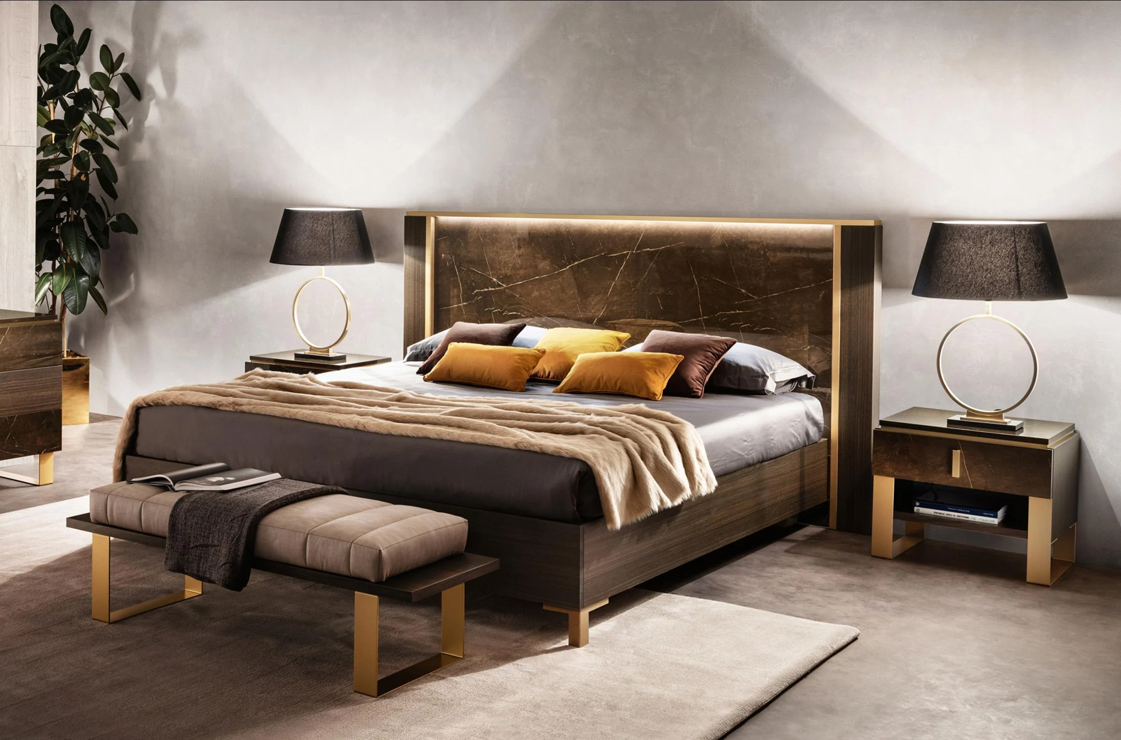 Luxury Shiny Brown Marble-finish Queen Bed ESSENZA ESF Made in Italy Modern