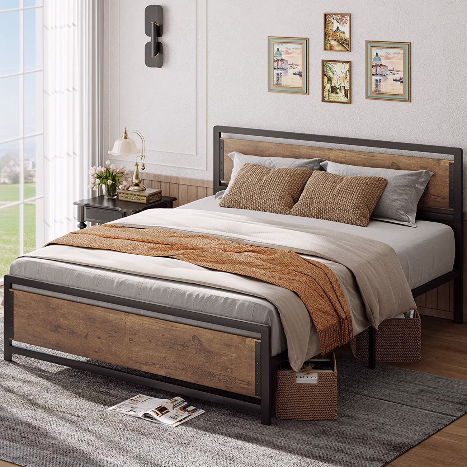 Queen Metal Platform Bed Frame With Wooden Headboard, 15 Iron Slats, Large Underbed Storage, Easy Assembly, No Box Spring Needed