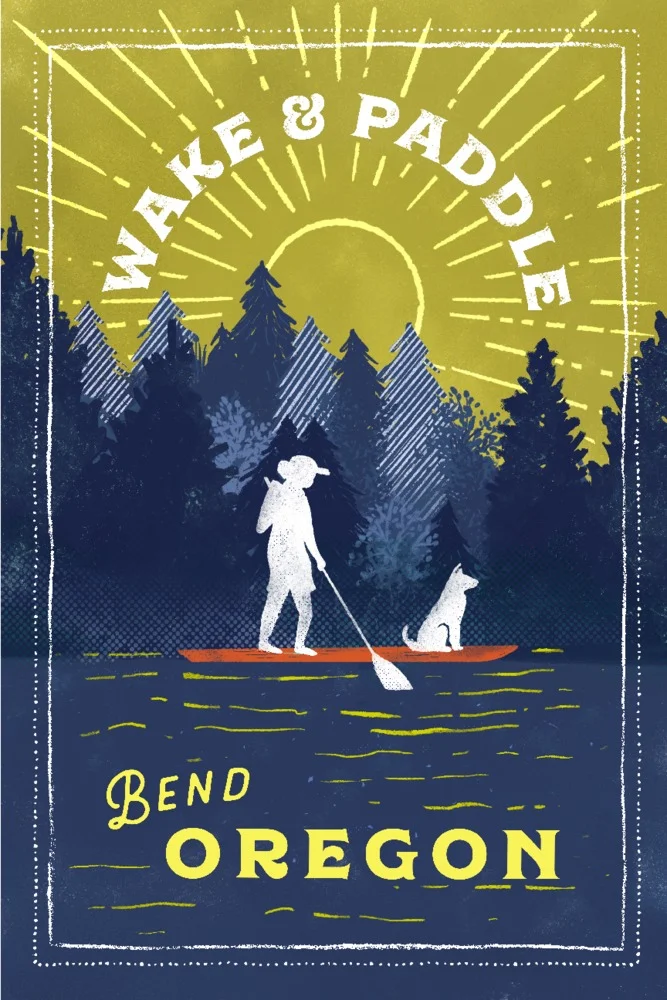 Bend, Oregon, Lake Life Series, Wake and Paddle, Landscape with Trees (12x18 Wall Art Poster, Room Decor)