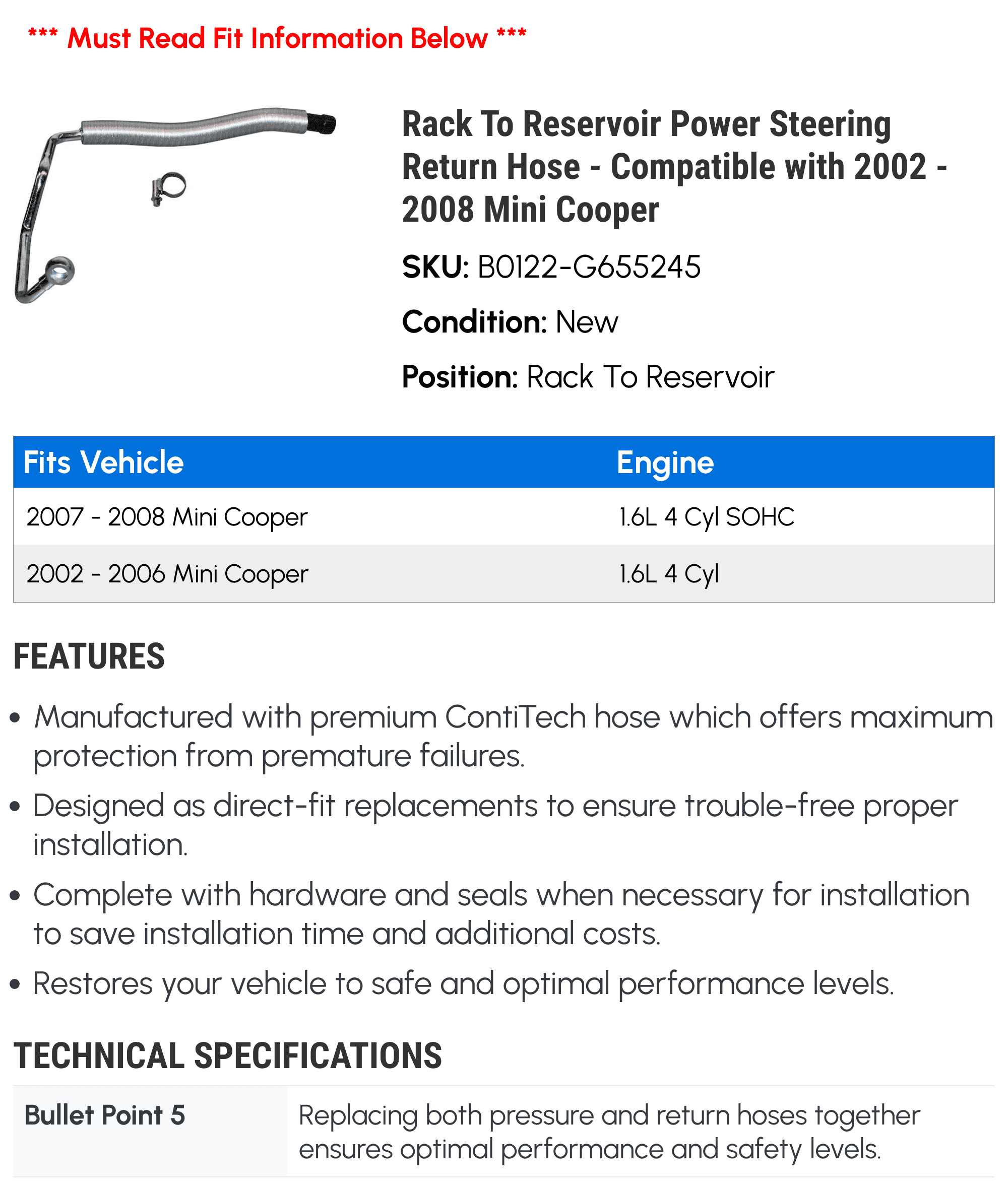 Rack To Reservoir Power Steering Return Hose - Compatible with 2002 - 2008 Mini Cooper 2003 2004 2005 2006 2007
