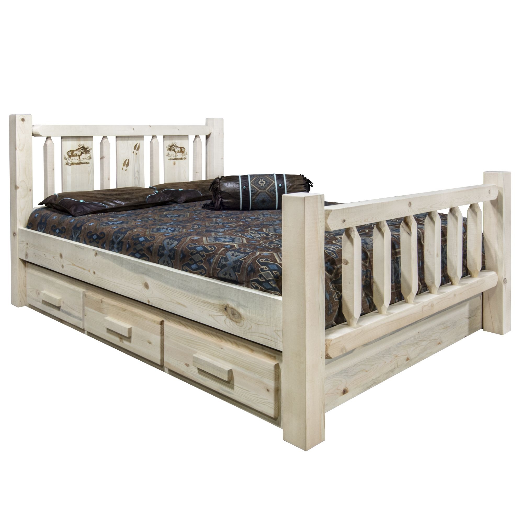 Homestead Collection Full Storage Bed w/ Laser Engraved Moose Design, Clear Lacquer Finish