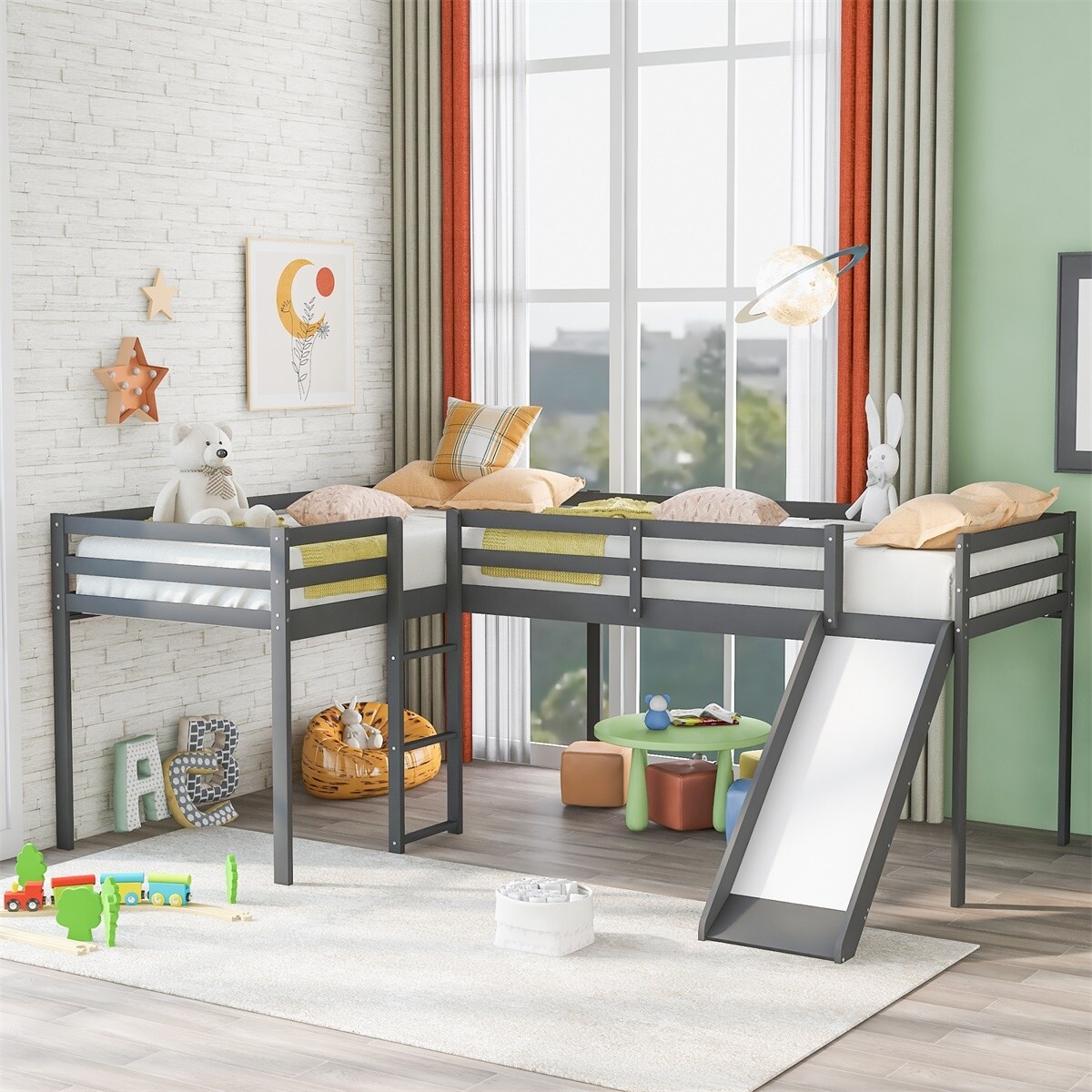 MERAX  L-Shaped Twin Size Wood Loft Bed with Ladder and Slide Grey