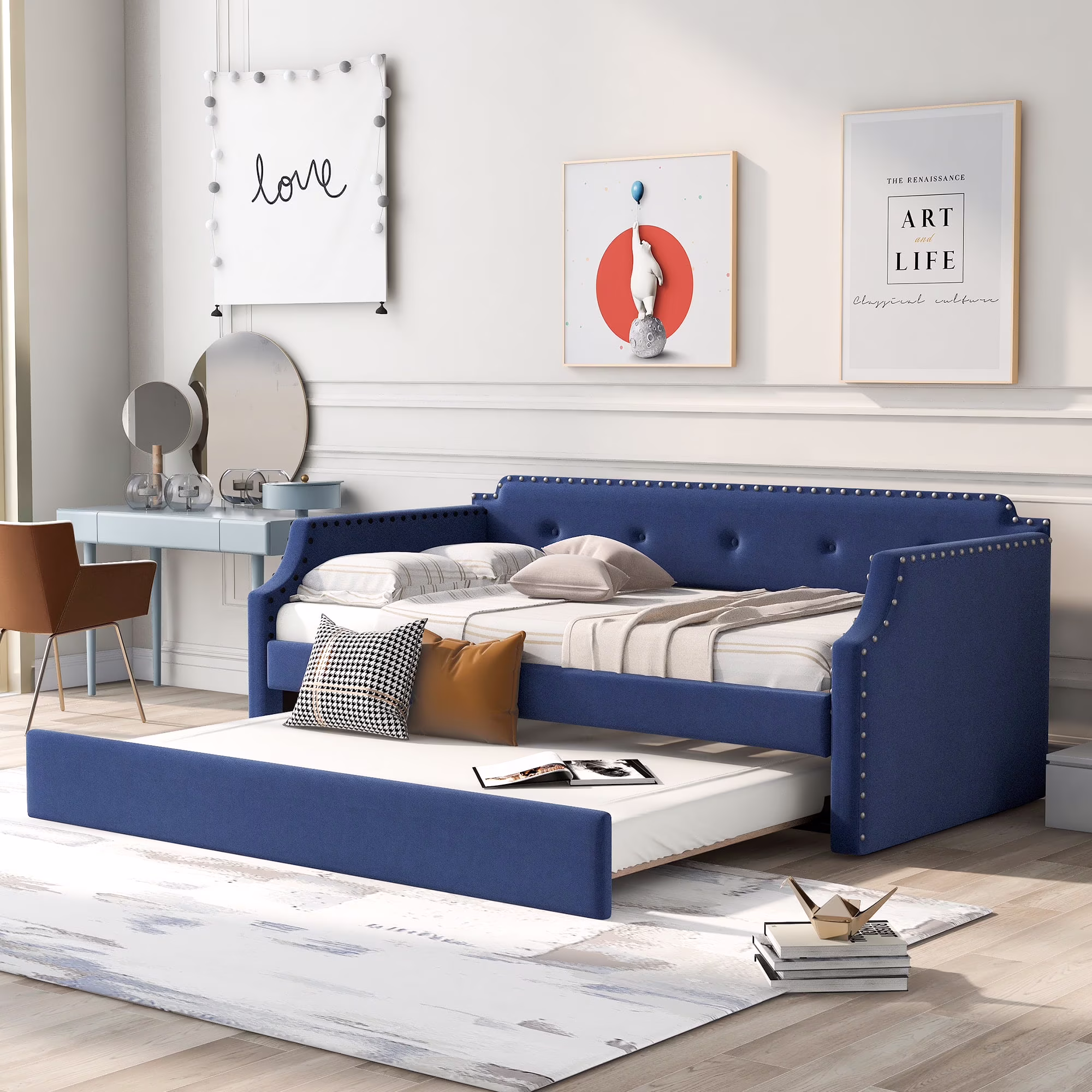 CoSoTower Upholstered Daybed With Trundle, Wood Slat Support, Upholstered Frame Sofa Bed, Twin, Blue