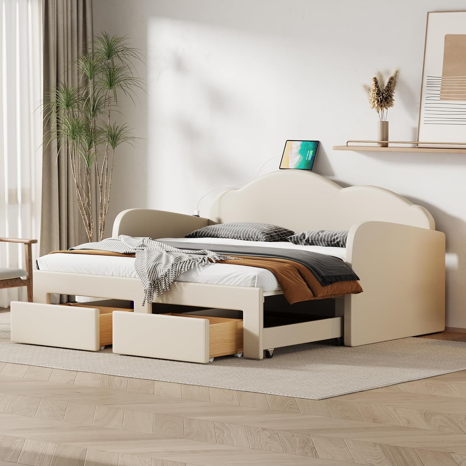 Size Daybed With Storage Drawers, Extedig Upholstered Sofa Bed With Trudle, To Kig Desig Sleeper Sofa With Cloud-Shaped Backrest For Livig Room Apartmet, Beige