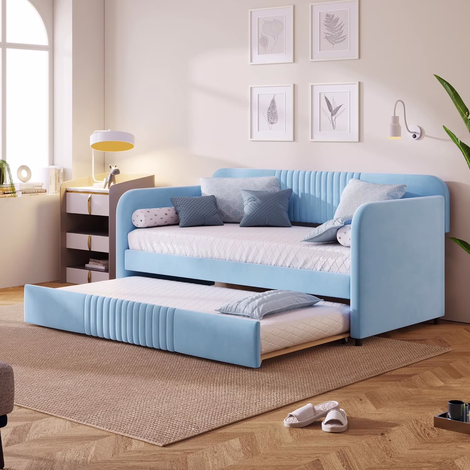 Upholstered Daybed With Trundle,Wooden Size Daybed Frame, Tufted Sofa Bed Daybed With Wood Slat Support For Bedroom,Living Room,Velvet Fabric,Light Blue