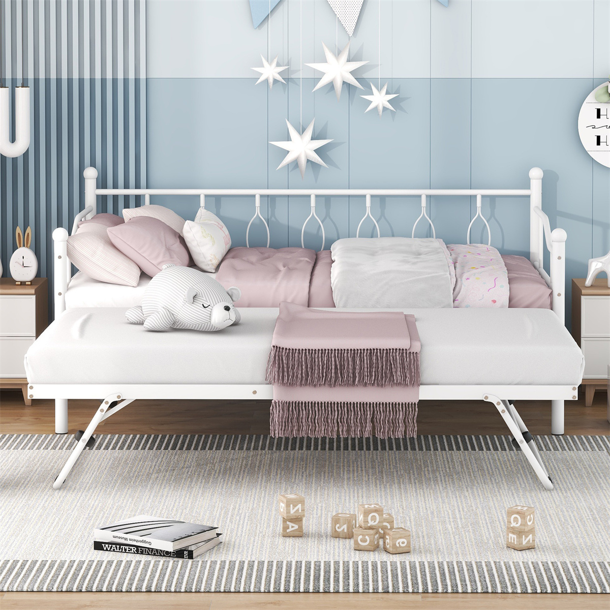 Twin Size Metal Daybed with Twin Size Adjustable Trundle, Folding Trundle, White