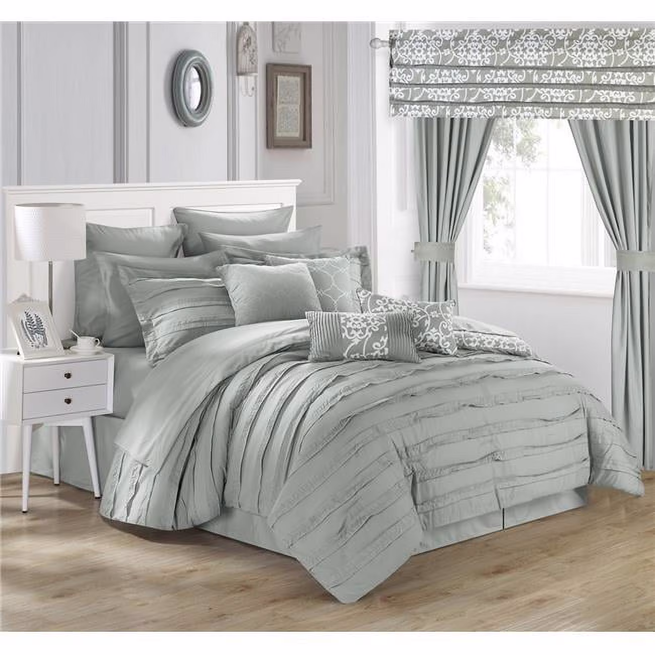 Chic Home  Orinda Complete Pleated Ruffles & Reversible Printed Bed in a Bag Comforter Set with Window Treatement & Sheets - Silver - Queen - 24 Piece